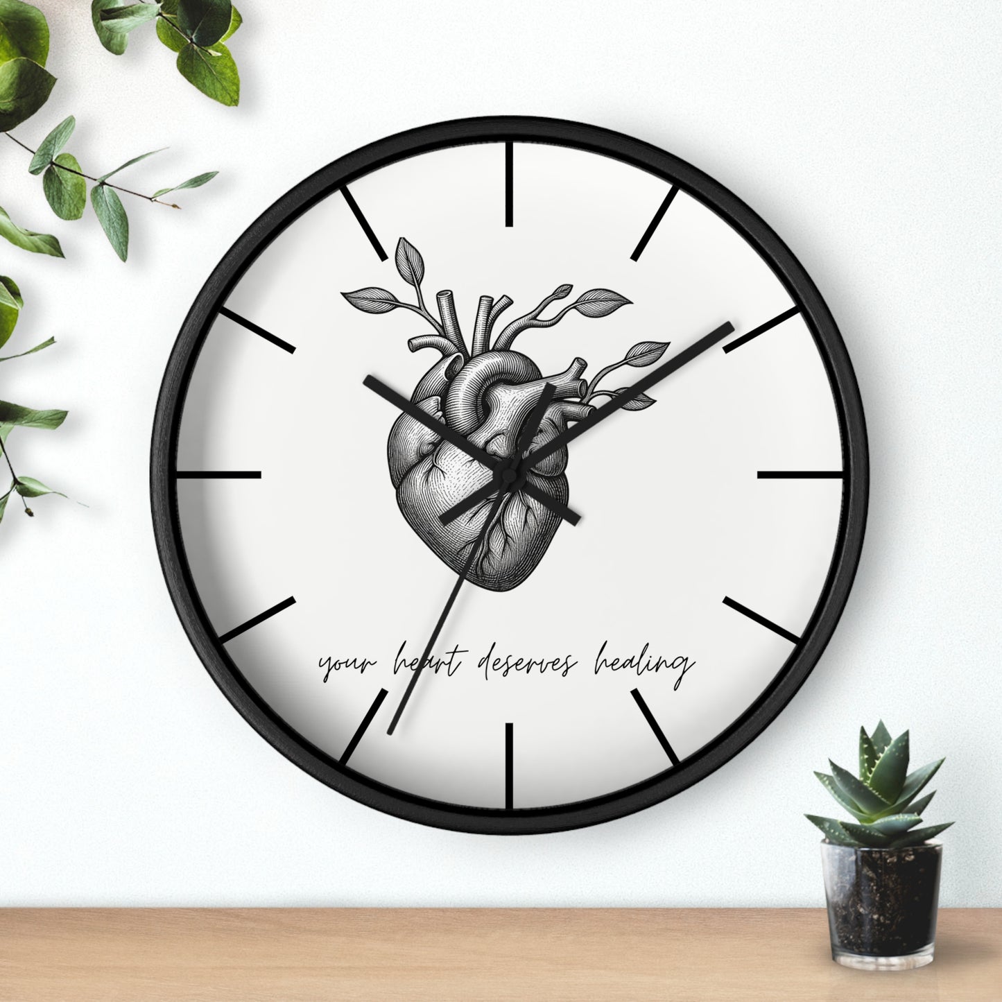 Healing Heart Wall Clock — Botanical Anatomical Clock with “your heart deserves healing” Quote