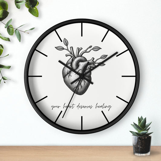 Healing Heart Wall Clock — Botanical Anatomical Clock with “your heart deserves healing” Quote