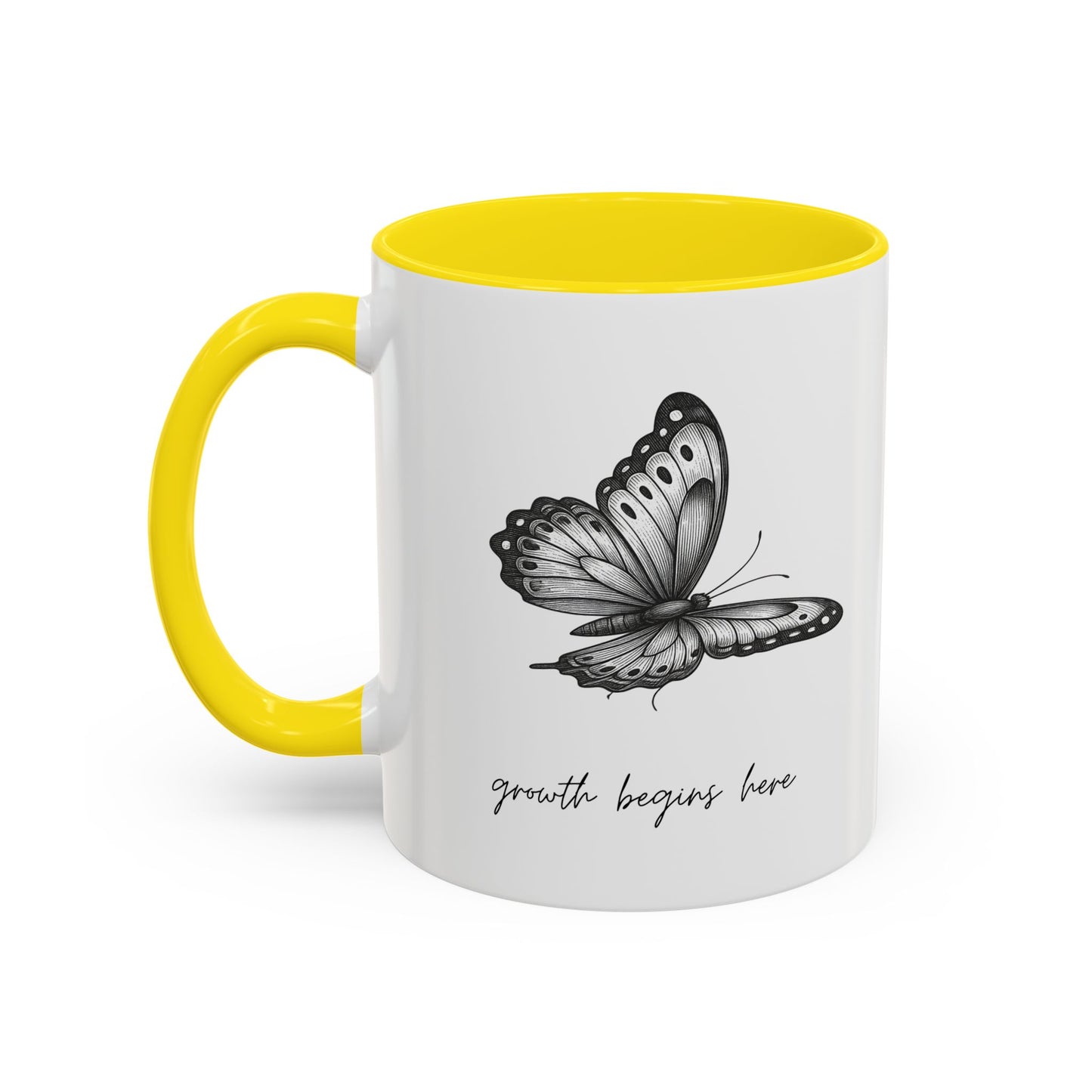 "Growth Begins Here" Coffee Mug — Butterfly Accent Ceramic 11/15oz, Minimal Nature-Inspired Gift