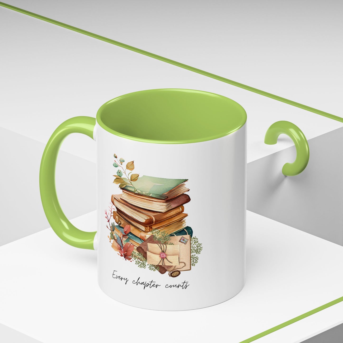 "Every Chapter Counts" Coffee Mug - Botanical Accent Black Interior & Handle