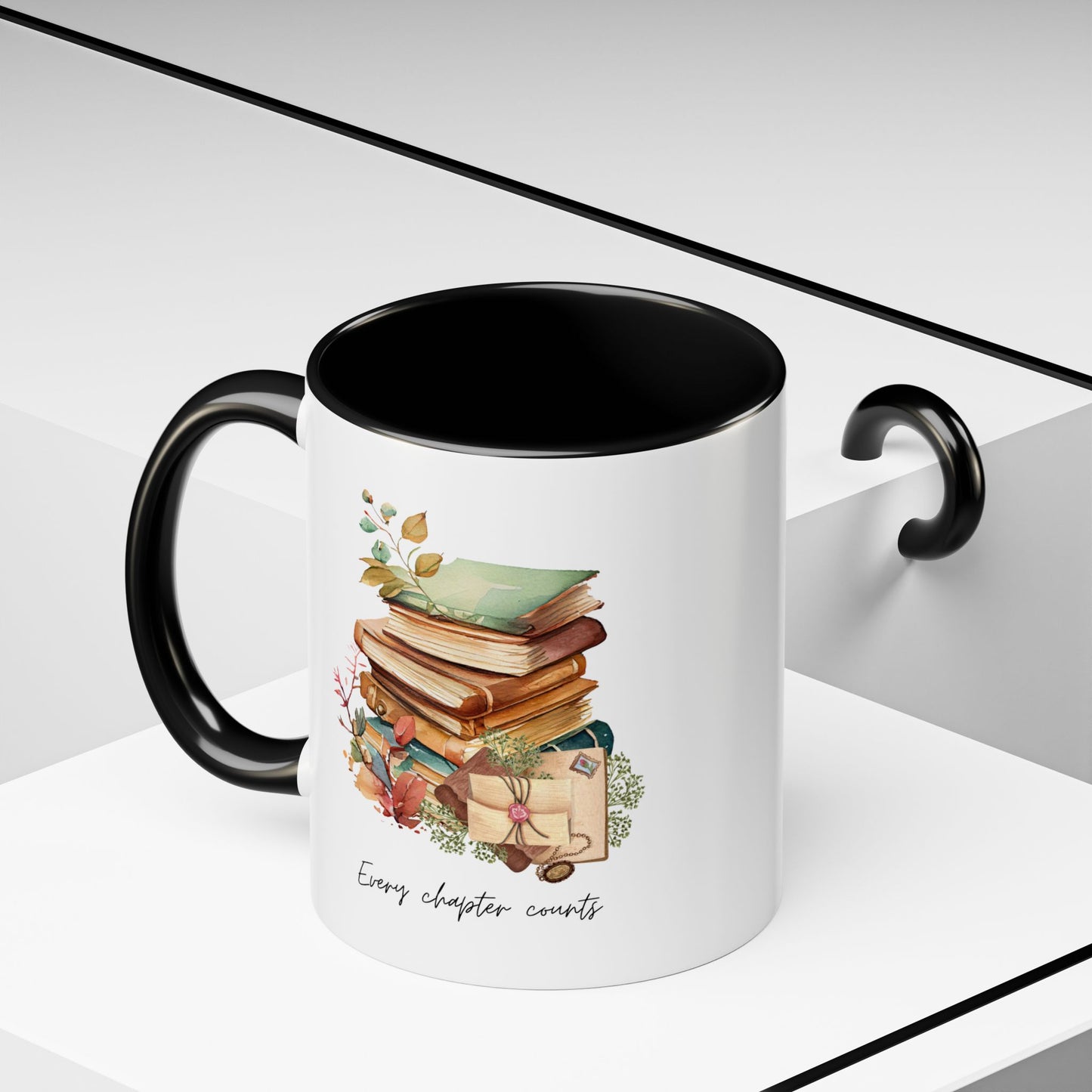 "Every Chapter Counts" Coffee Mug - Botanical Accent Black Interior & Handle