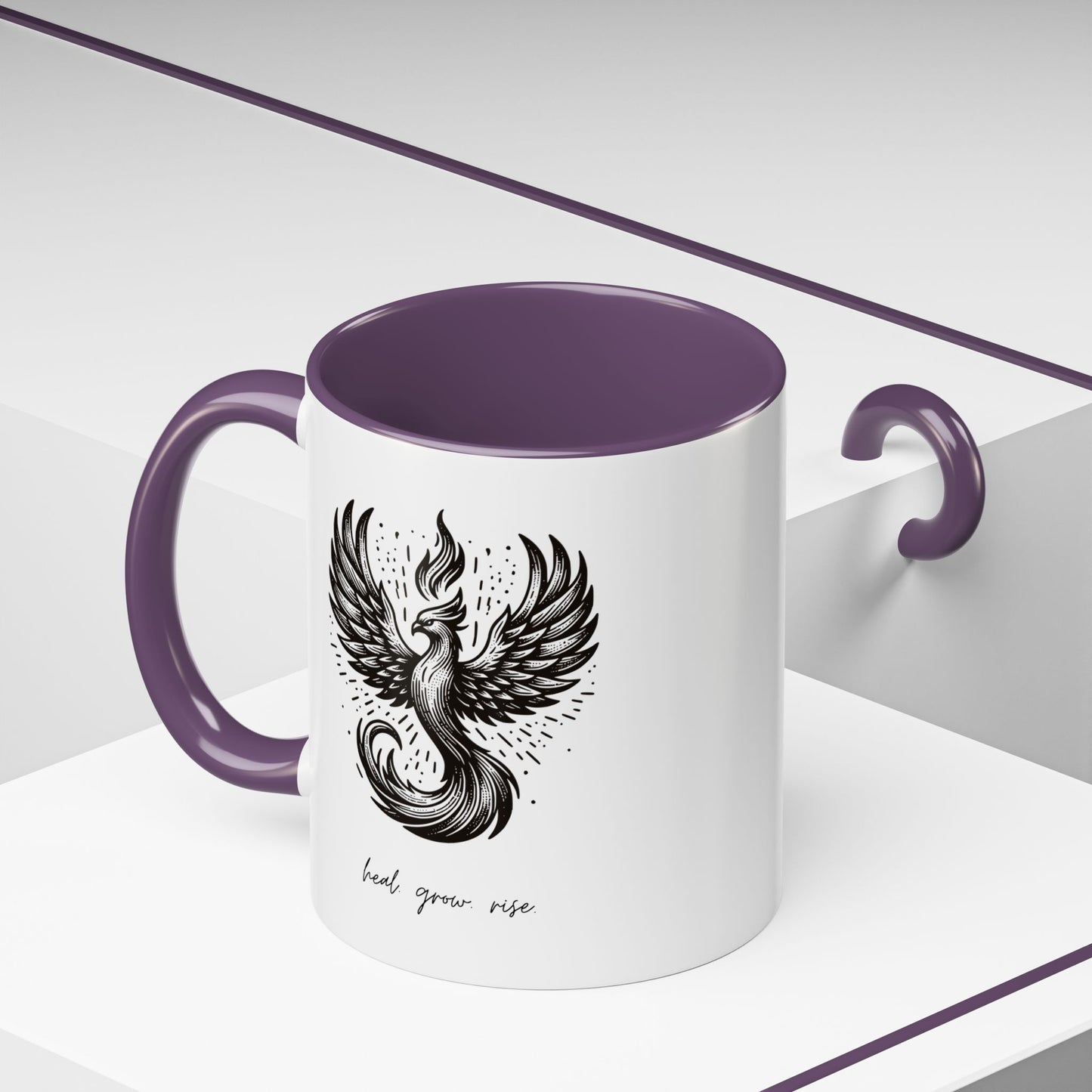 "Heal. Grow. Rise" Black Accent Coffee Mug with Phoenix Design — 11/15oz