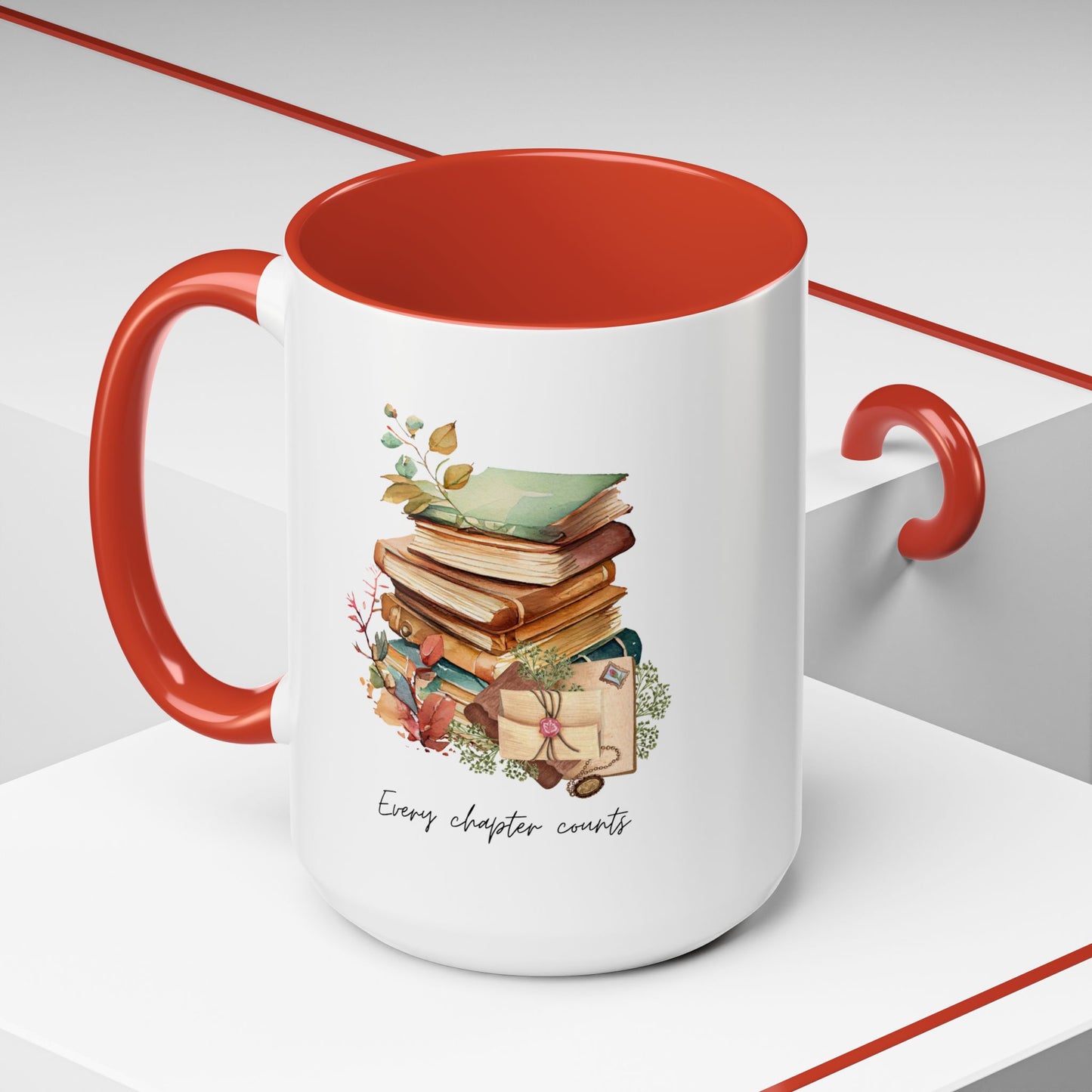 "Every Chapter Counts" Coffee Mug - Botanical Accent Black Interior & Handle