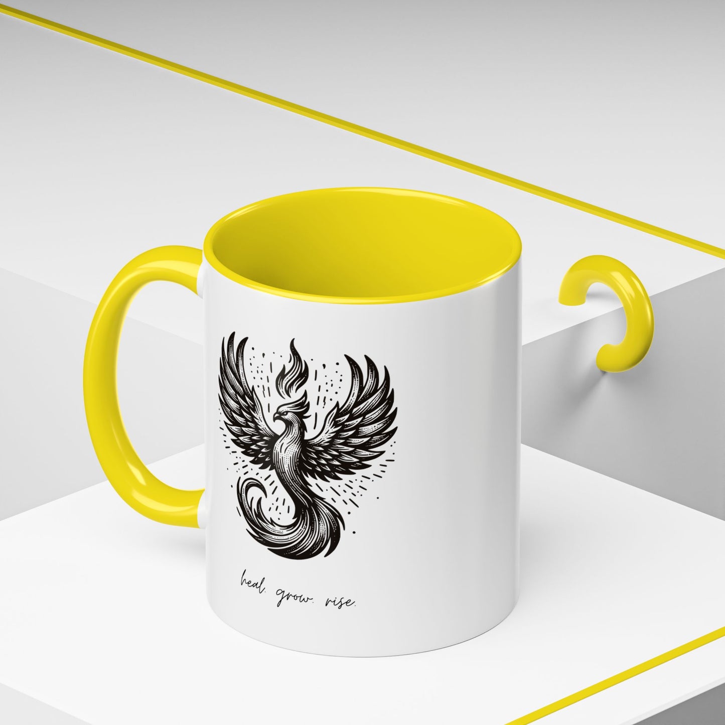 "Heal. Grow. Rise" Black Accent Coffee Mug with Phoenix Design — 11/15oz