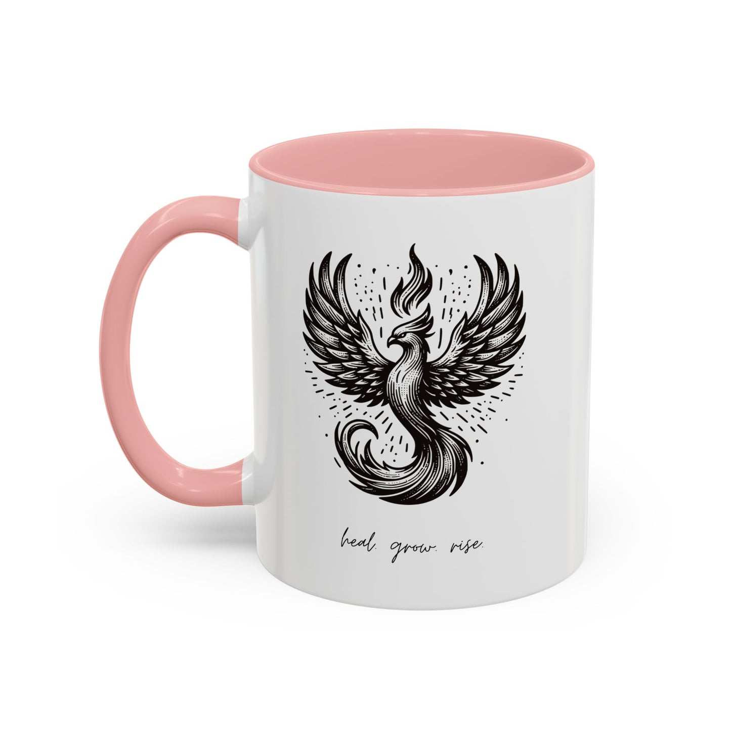 "Heal. Grow. Rise" Black Accent Coffee Mug with Phoenix Design — 11/15oz