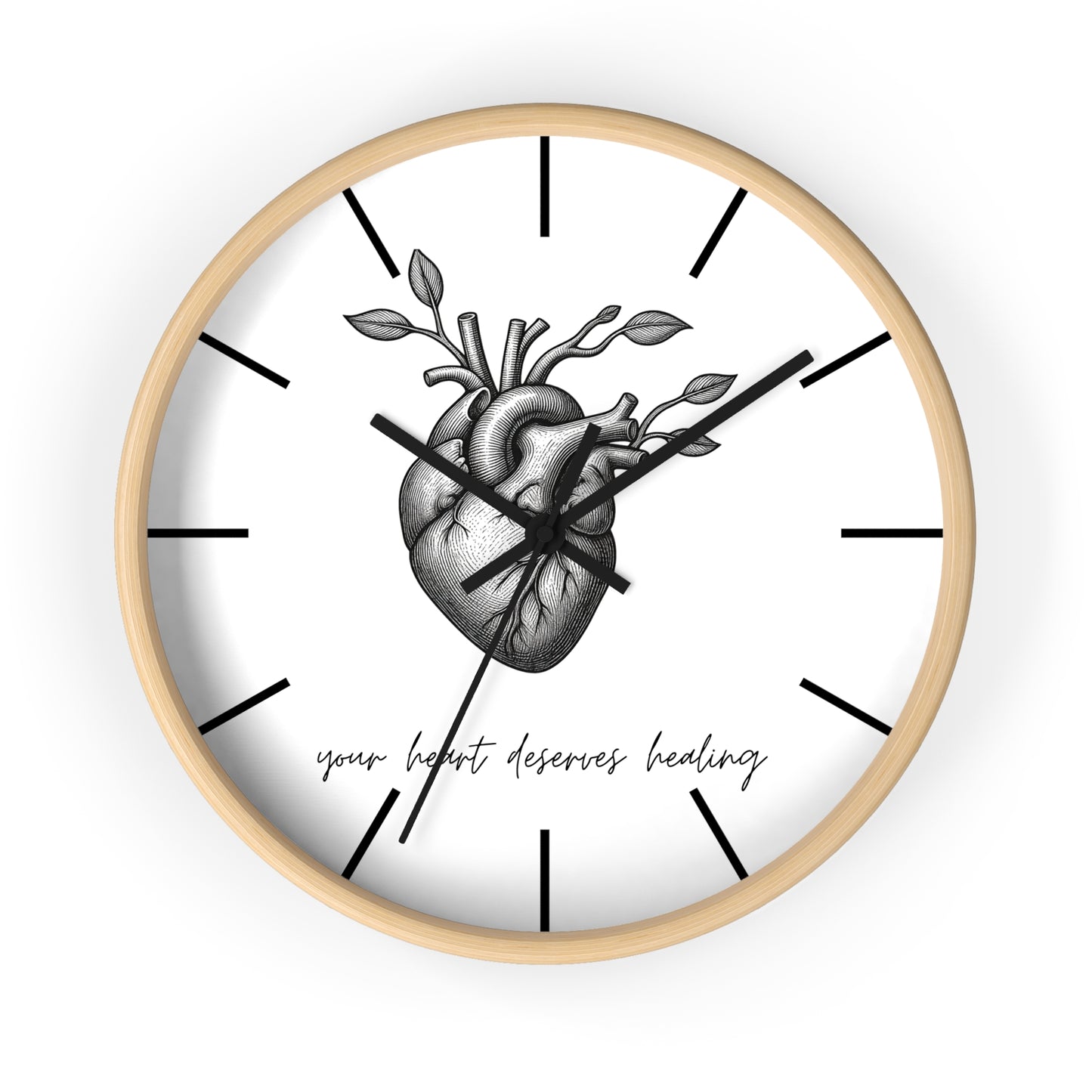 Healing Heart Wall Clock — Botanical Anatomical Clock with “your heart deserves healing” Quote