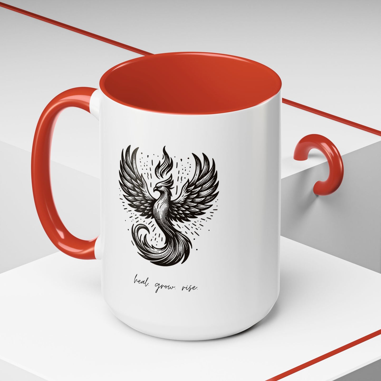 "Heal. Grow. Rise" Black Accent Coffee Mug with Phoenix Design — 11/15oz