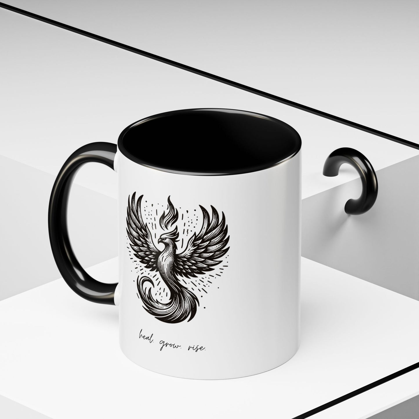 "Heal. Grow. Rise" Black Accent Coffee Mug with Phoenix Design — 11/15oz