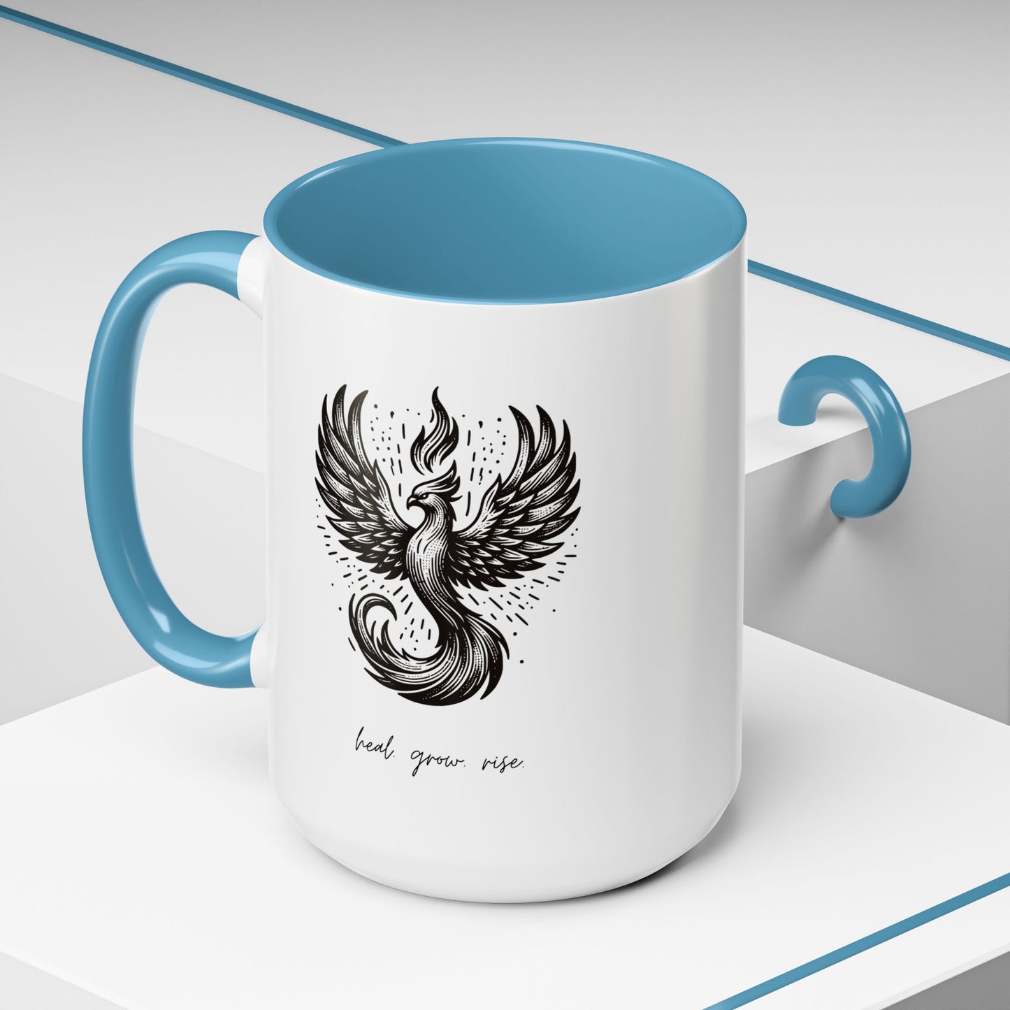 "Heal. Grow. Rise" Black Accent Coffee Mug with Phoenix Design — 11/15oz