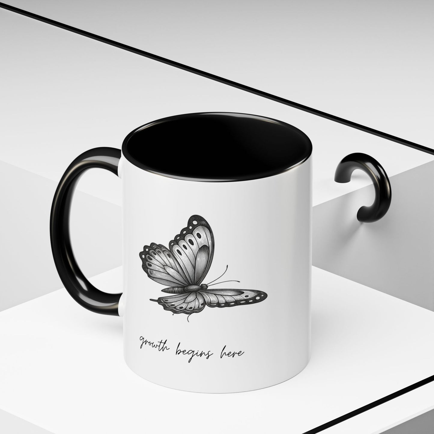 "Growth Begins Here" Coffee Mug — Butterfly Accent Ceramic 11/15oz, Minimal Nature-Inspired Gift