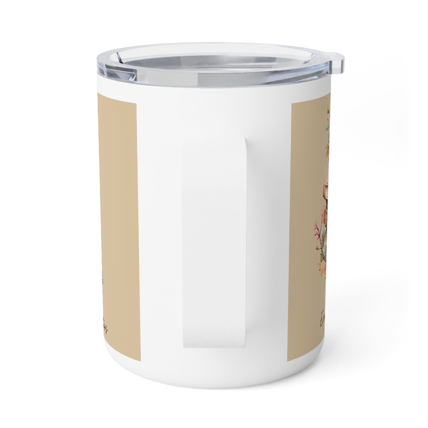 Cozy Booklover 10oz Insulated Coffee Mug — Vintage Stacked Books & Floral Design