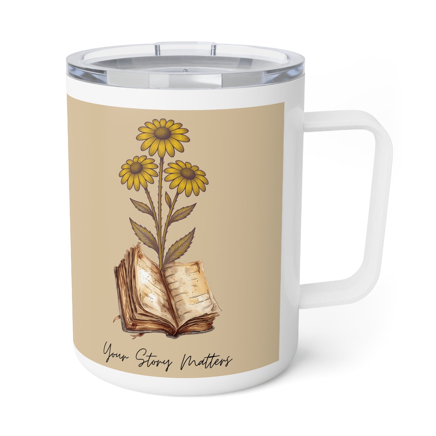 Cozy Booklover 10oz Insulated Coffee Mug — Vintage Stacked Books & Floral Design