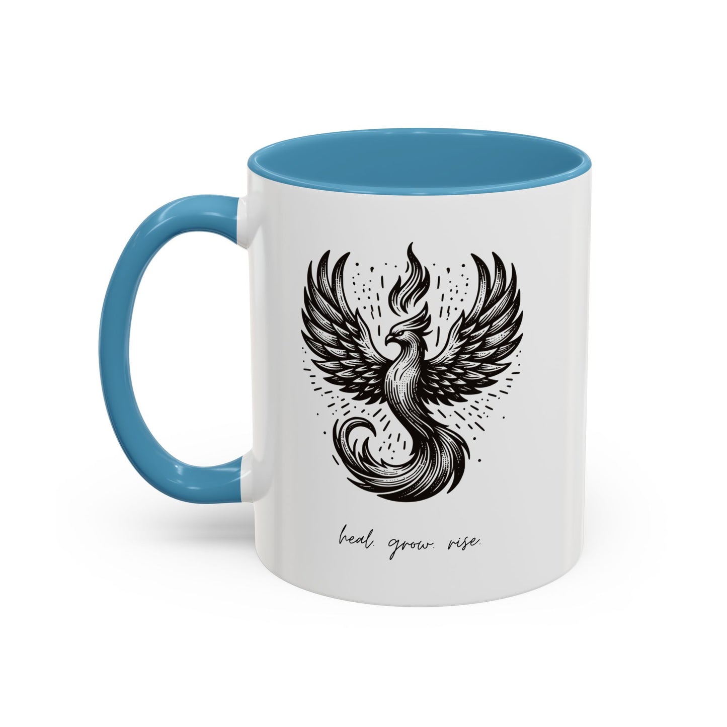 "Heal. Grow. Rise" Black Accent Coffee Mug with Phoenix Design — 11/15oz