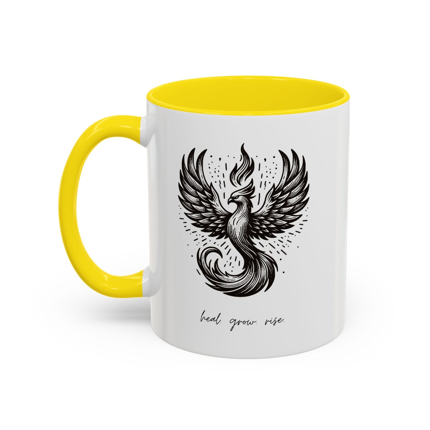 "Heal. Grow. Rise" Black Accent Coffee Mug with Phoenix Design — 11/15oz
