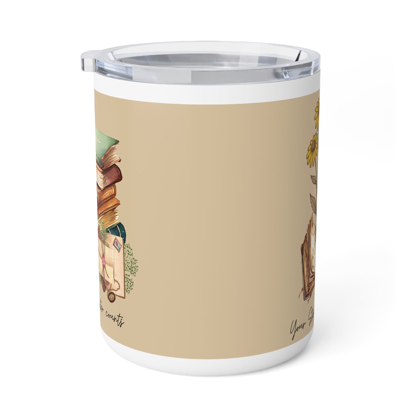 Cozy Booklover 10oz Insulated Coffee Mug — Vintage Stacked Books & Floral Design