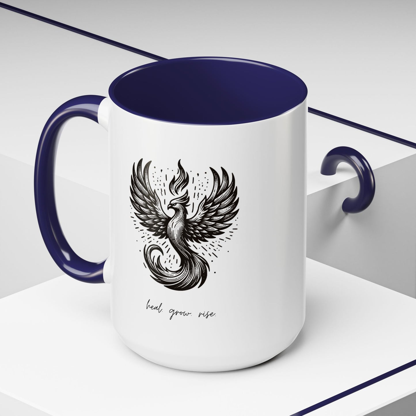 "Heal. Grow. Rise" Black Accent Coffee Mug with Phoenix Design — 11/15oz
