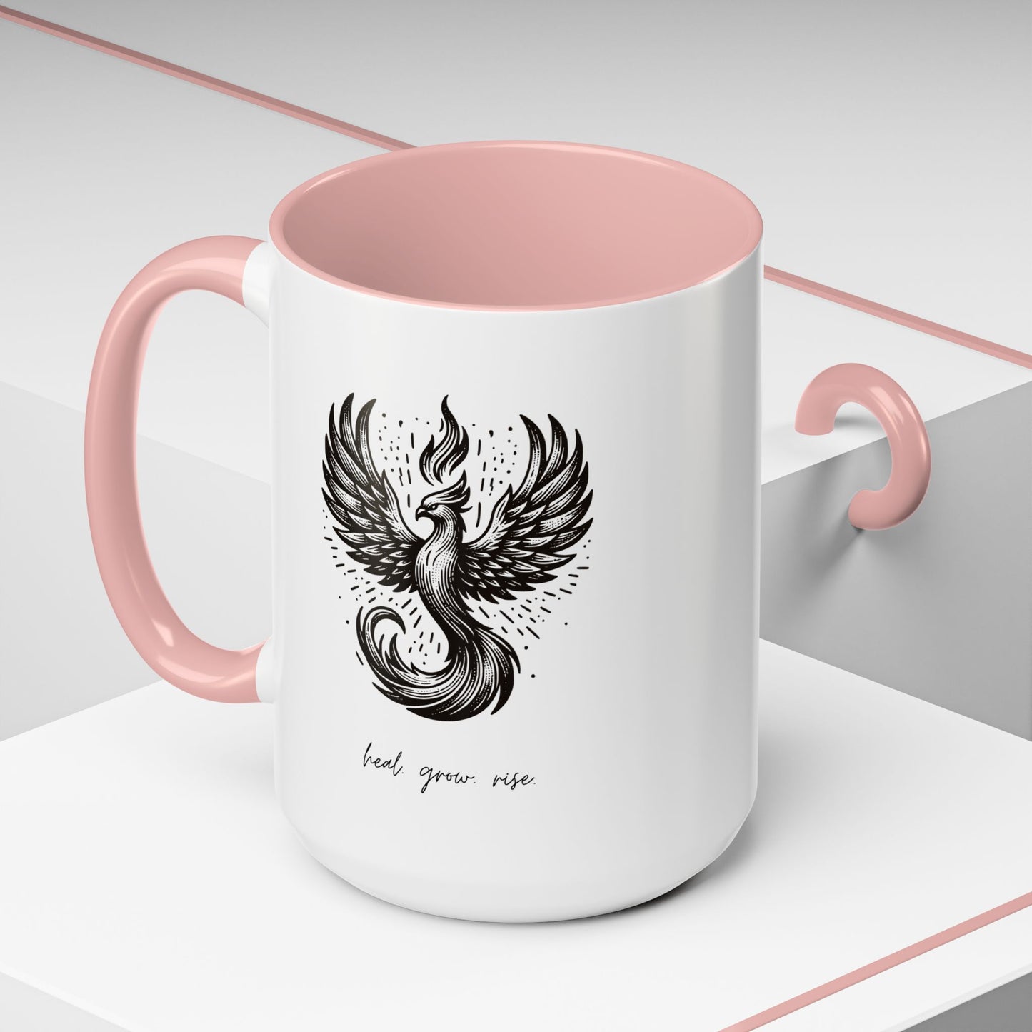 "Heal. Grow. Rise" Black Accent Coffee Mug with Phoenix Design — 11/15oz