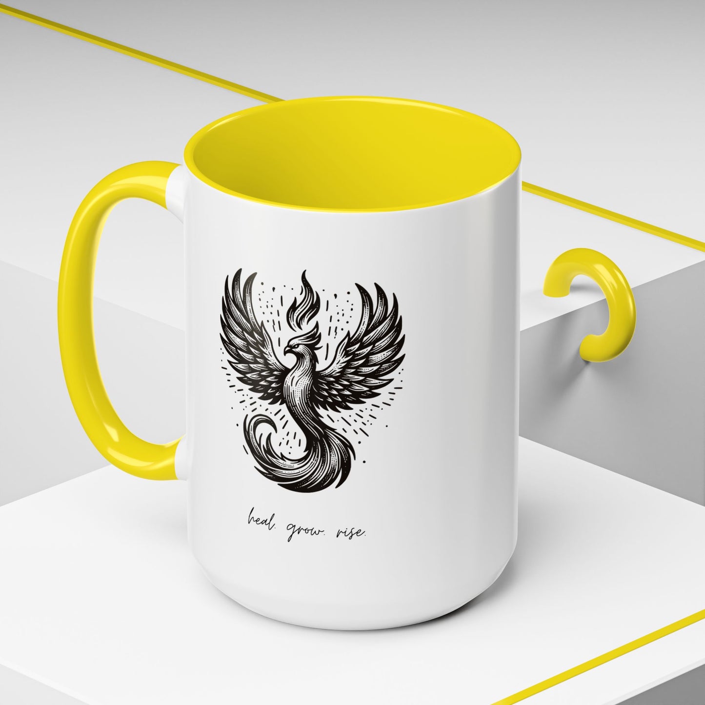 "Heal. Grow. Rise" Black Accent Coffee Mug with Phoenix Design — 11/15oz