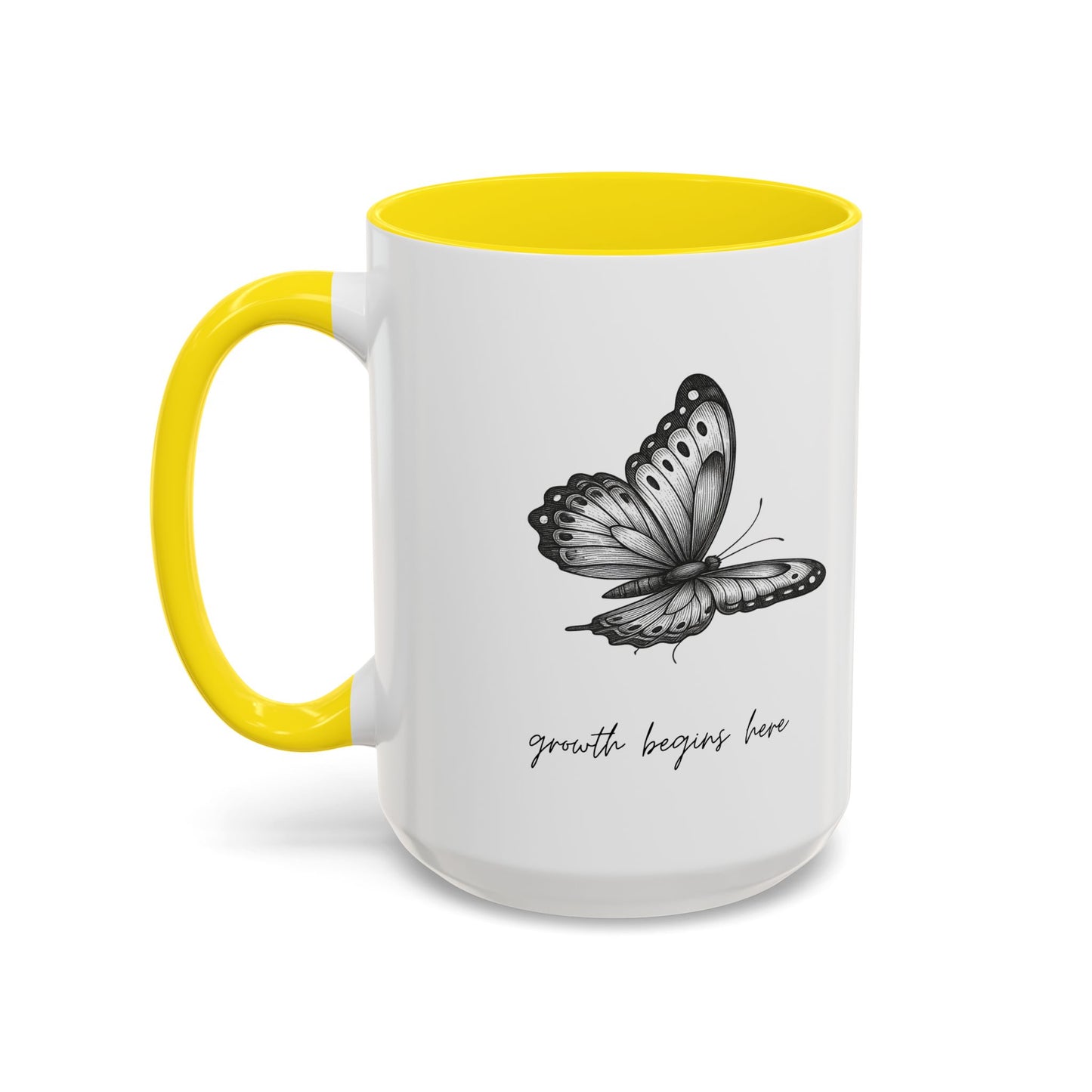 "Growth Begins Here" Coffee Mug — Butterfly Accent Ceramic 11/15oz, Minimal Nature-Inspired Gift