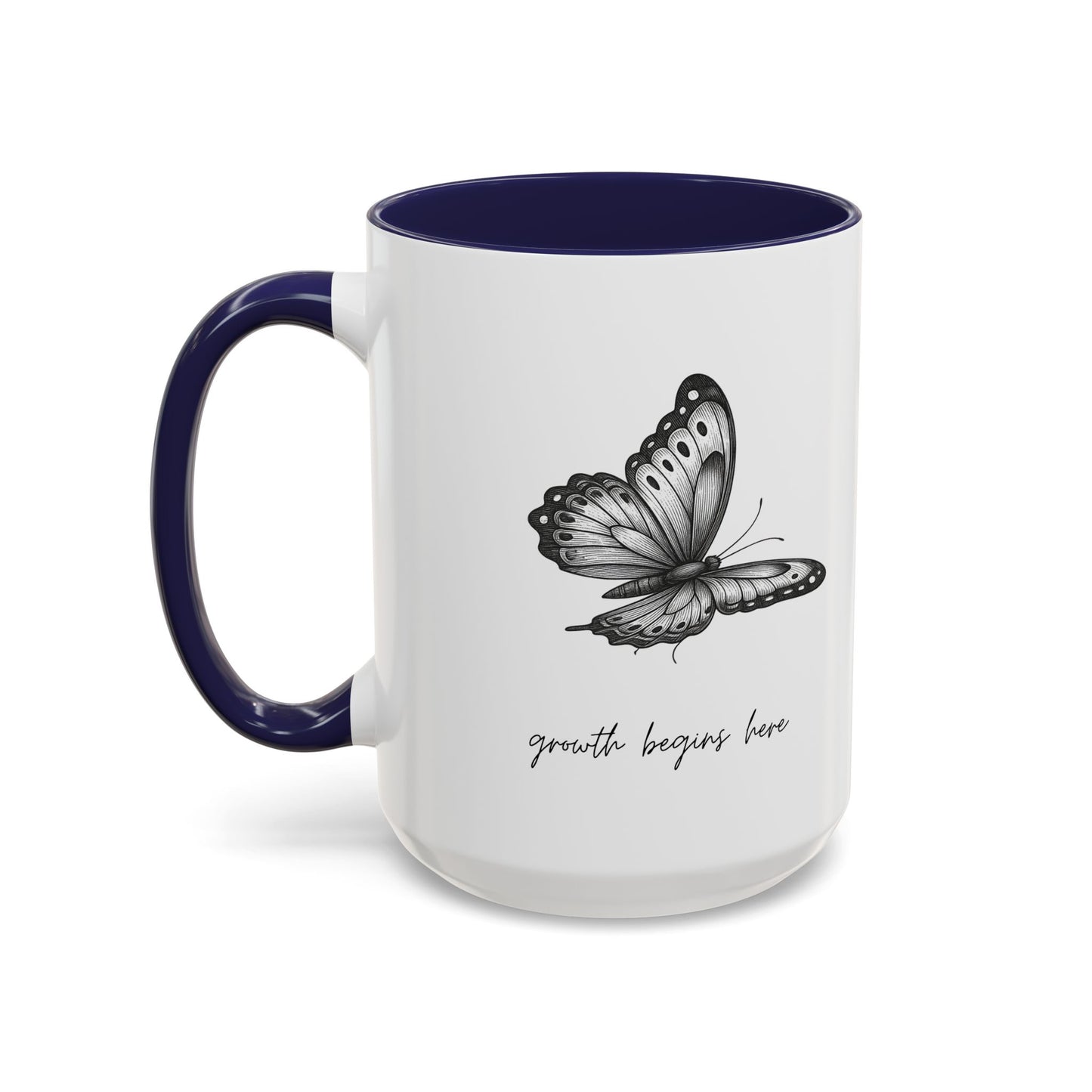 "Growth Begins Here" Coffee Mug — Butterfly Accent Ceramic 11/15oz, Minimal Nature-Inspired Gift