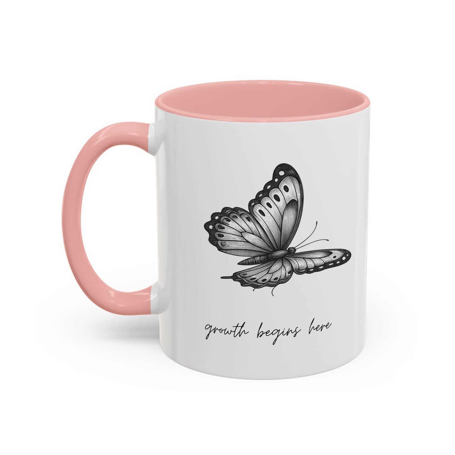 "Growth Begins Here" Coffee Mug — Butterfly Accent Ceramic 11/15oz, Minimal Nature-Inspired Gift