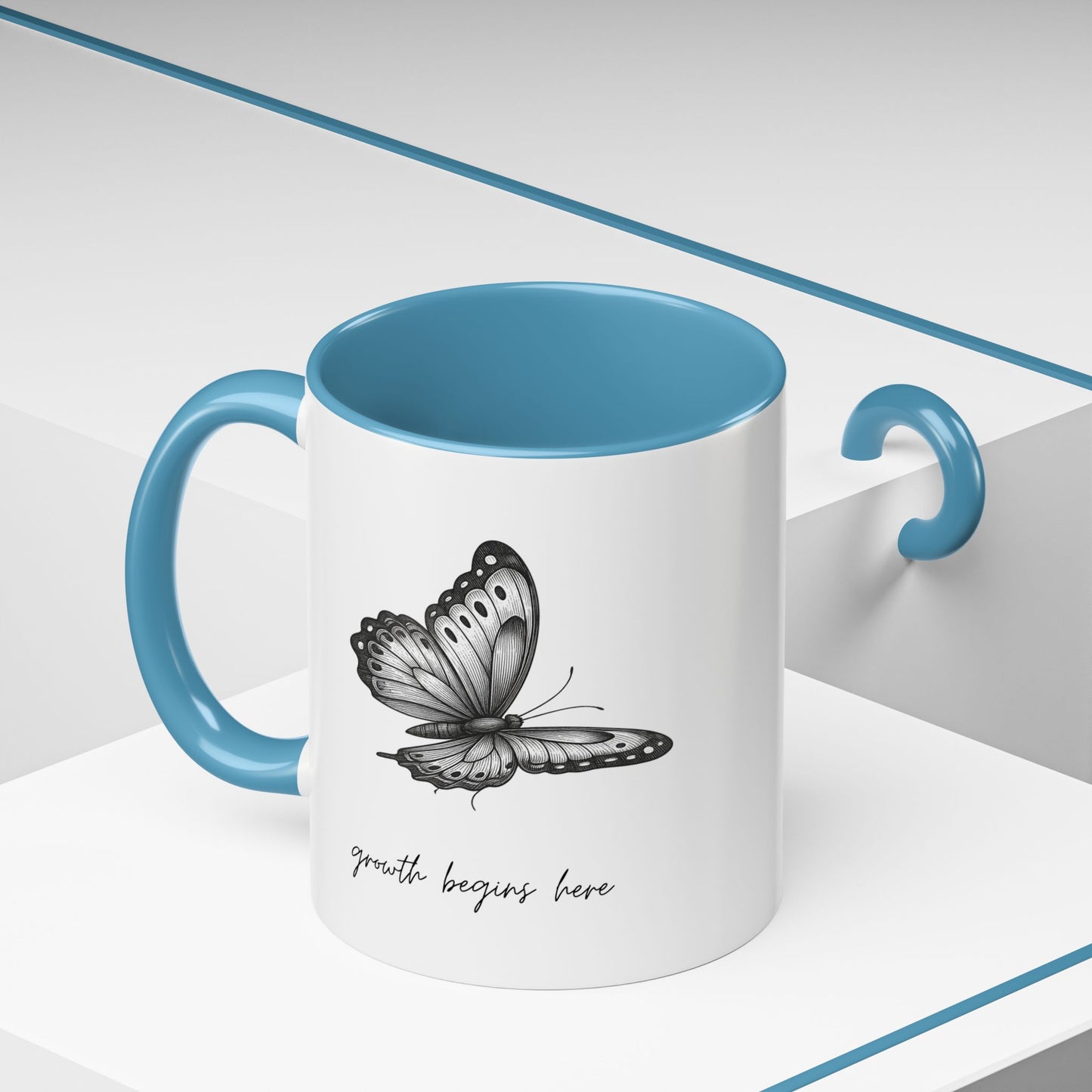 "Growth Begins Here" Coffee Mug — Butterfly Accent Ceramic 11/15oz, Minimal Nature-Inspired Gift
