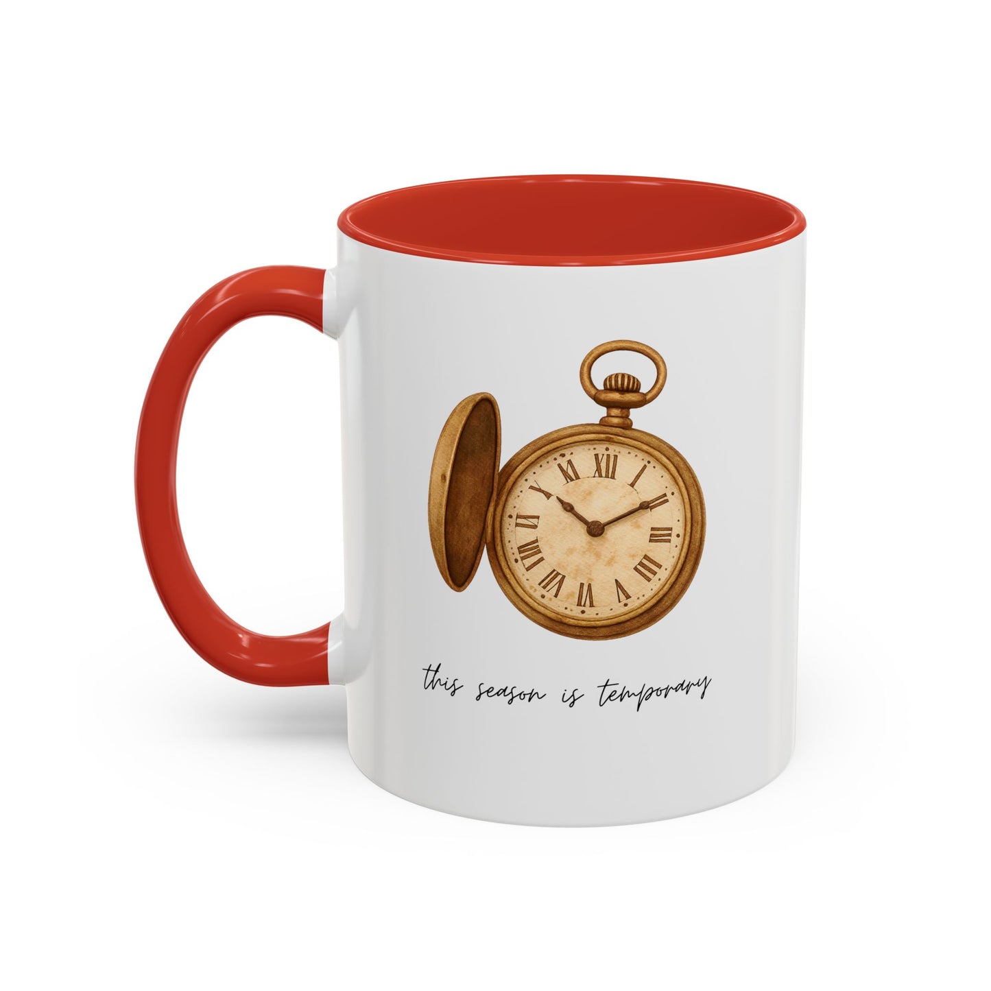 A white ceramic mug with a red interior and red handle, featuring a vintage-style illustration of an open pocket watch and the text 'this season is temporary' on the front.