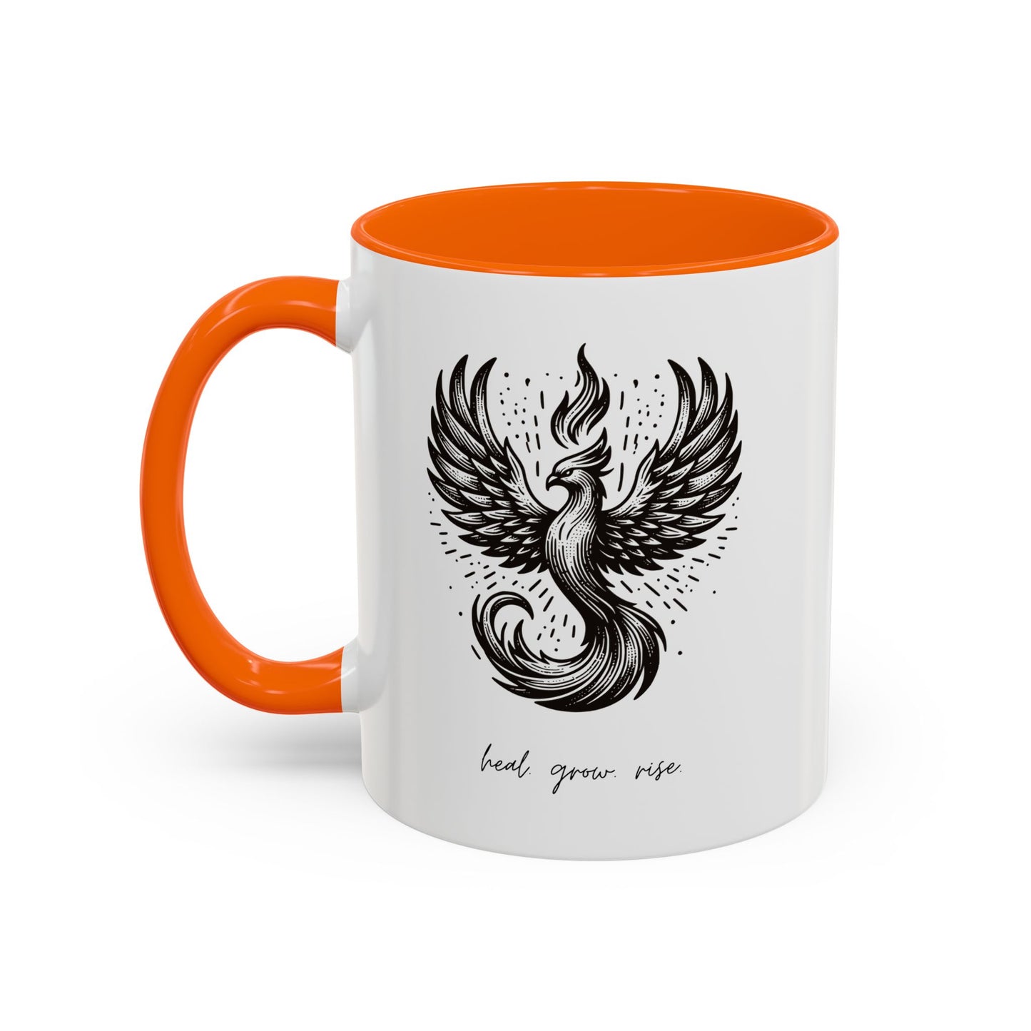 "Heal. Grow. Rise" Black Accent Coffee Mug with Phoenix Design — 11/15oz