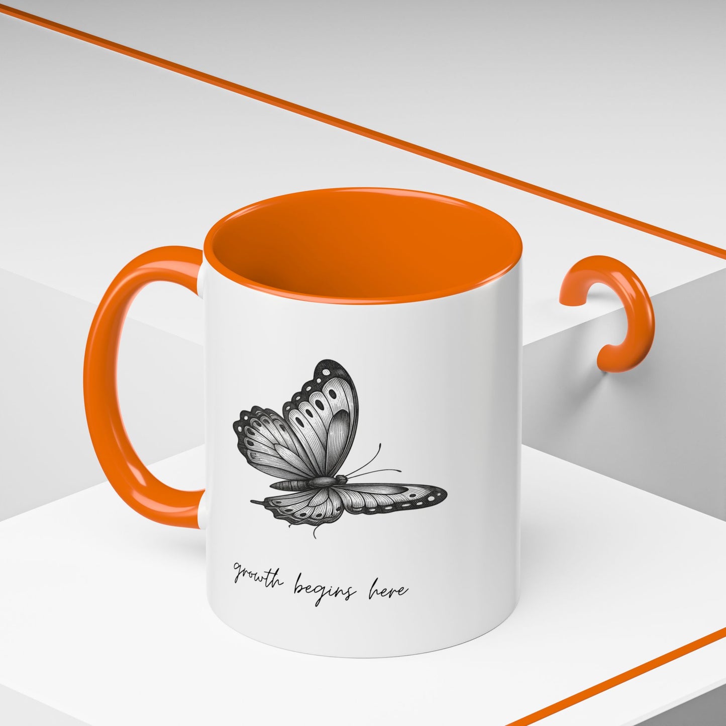 "Growth Begins Here" Coffee Mug — Butterfly Accent Ceramic 11/15oz, Minimal Nature-Inspired Gift