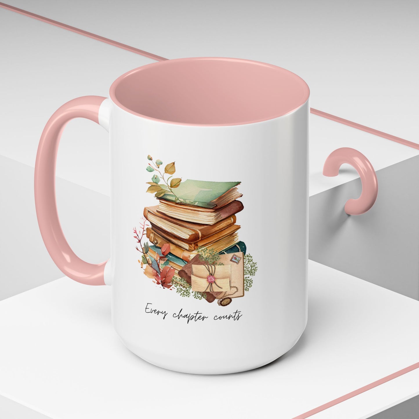 "Every Chapter Counts" Coffee Mug - Botanical Accent Black Interior & Handle