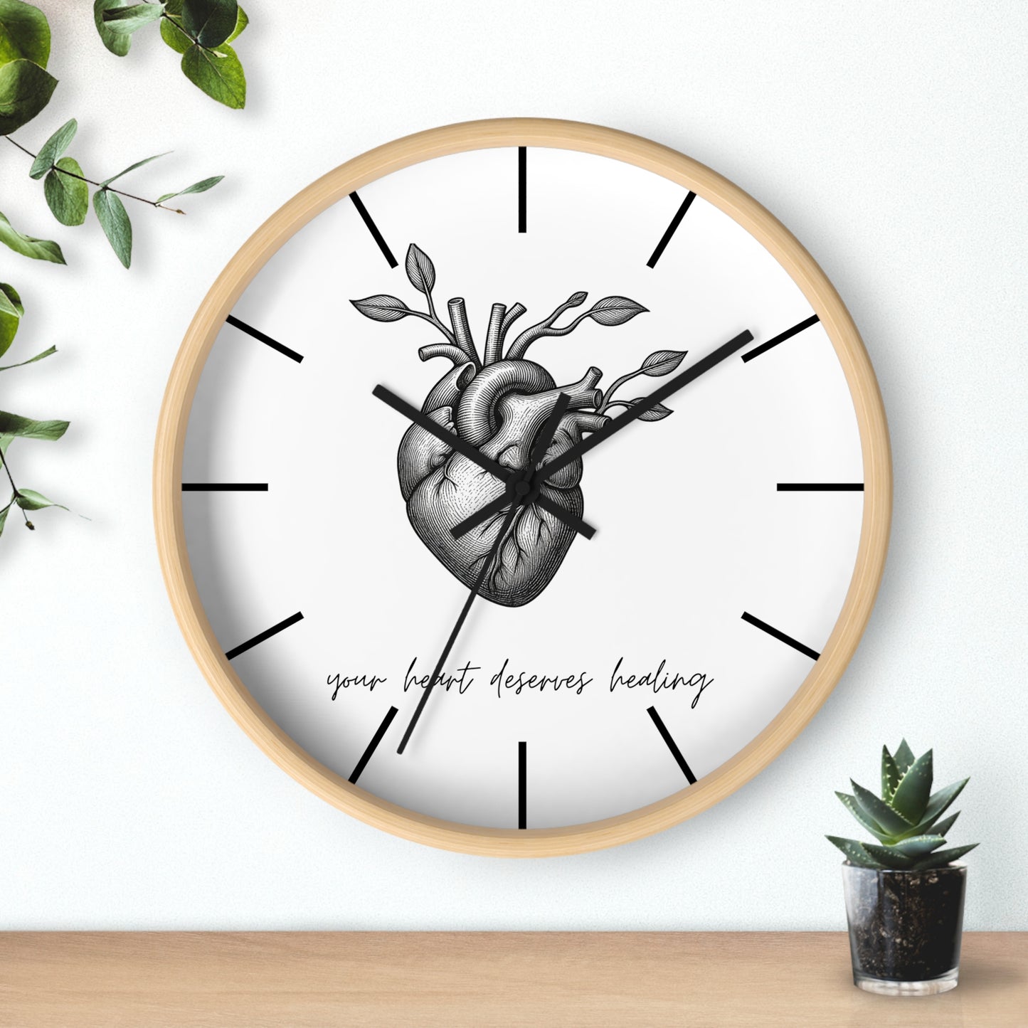 Healing Heart Wall Clock — Botanical Anatomical Clock with “your heart deserves healing” Quote
