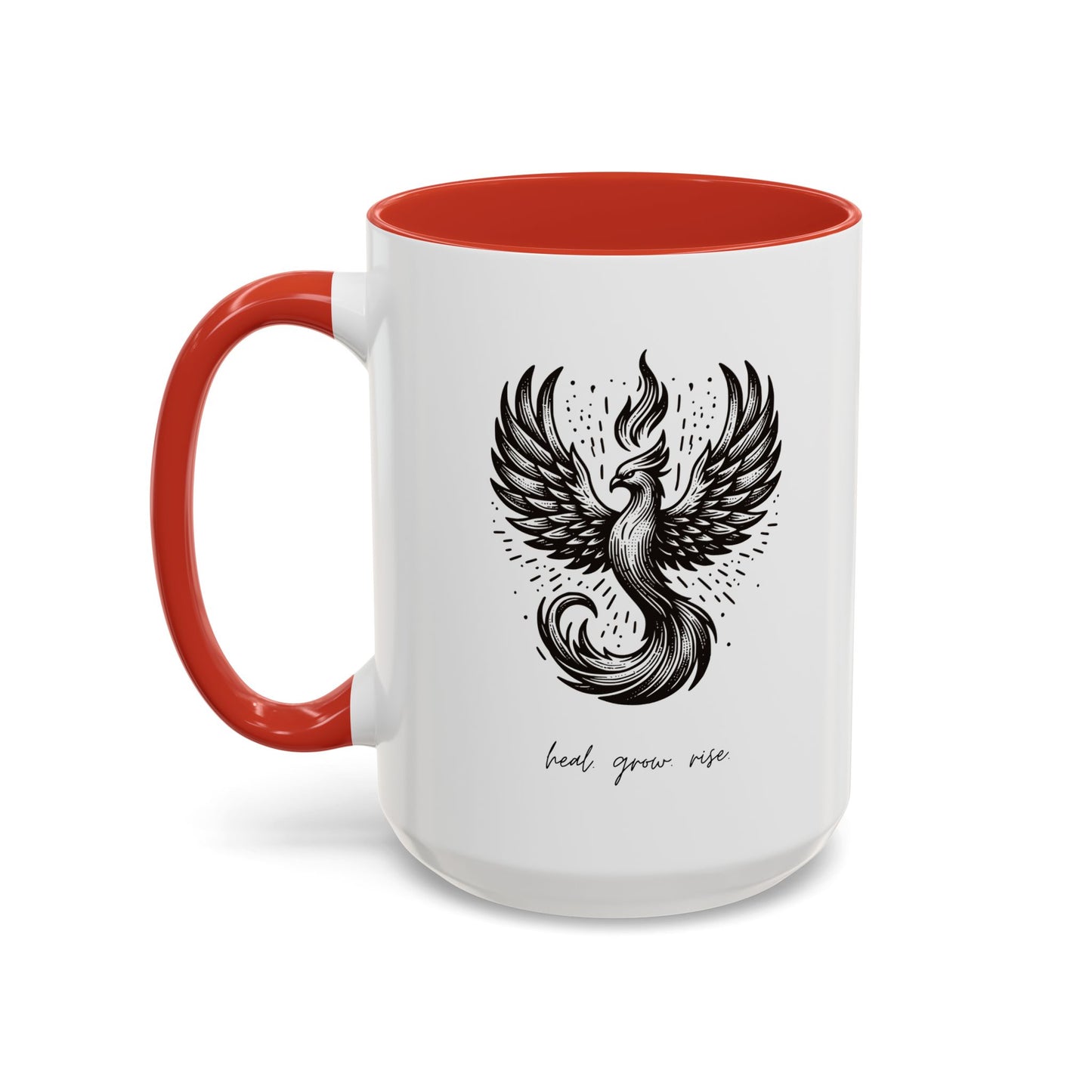"Heal. Grow. Rise" Black Accent Coffee Mug with Phoenix Design — 11/15oz