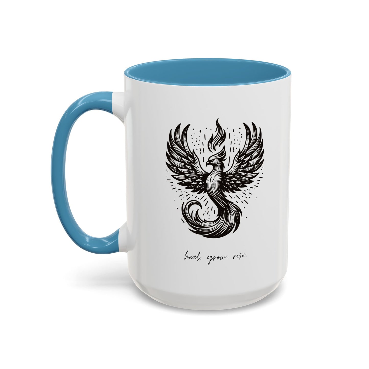 "Heal. Grow. Rise" Black Accent Coffee Mug with Phoenix Design — 11/15oz