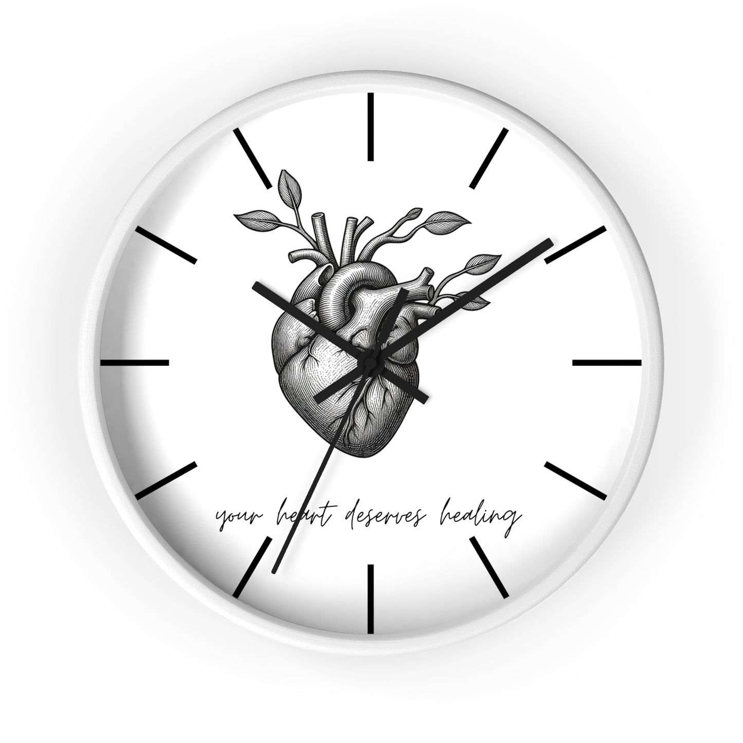Healing Heart Wall Clock — Botanical Anatomical Clock with “your heart deserves healing” Quote