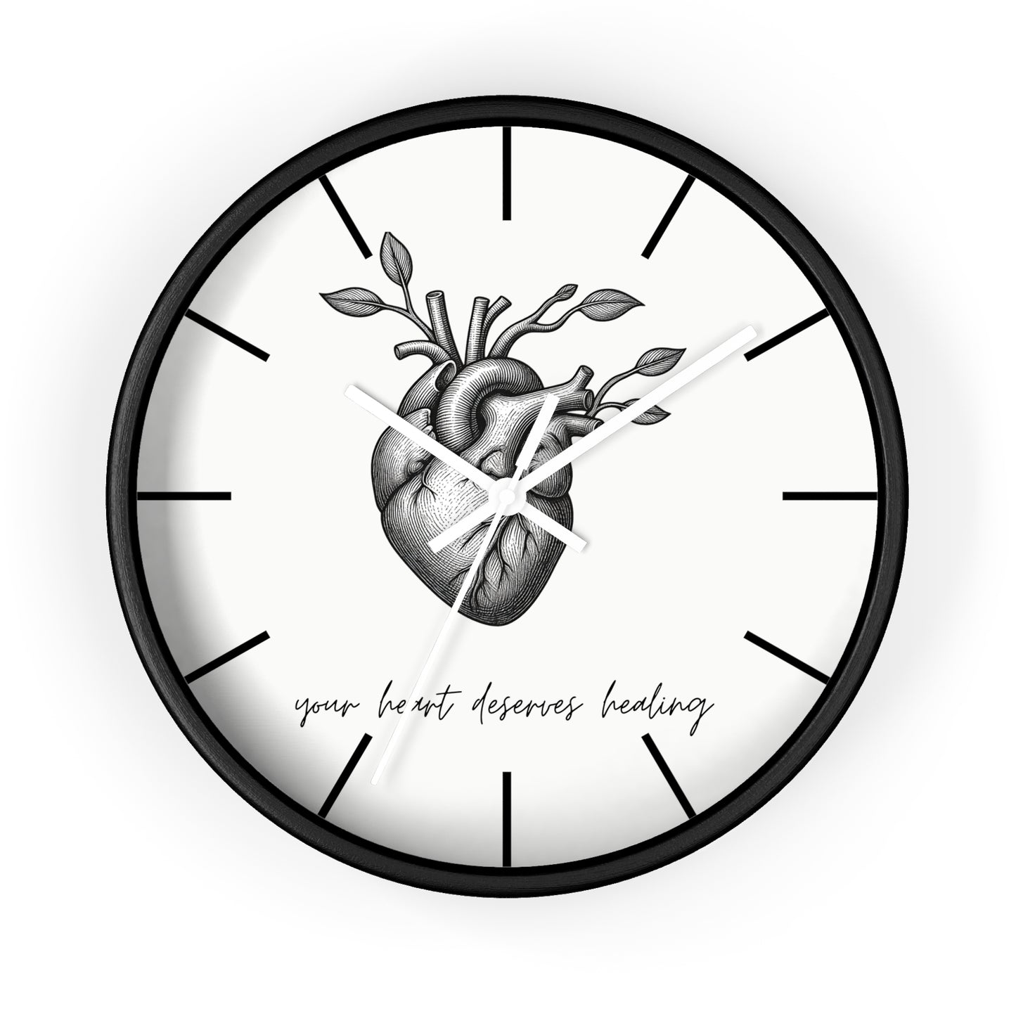 Healing Heart Wall Clock — Botanical Anatomical Clock with “your heart deserves healing” Quote