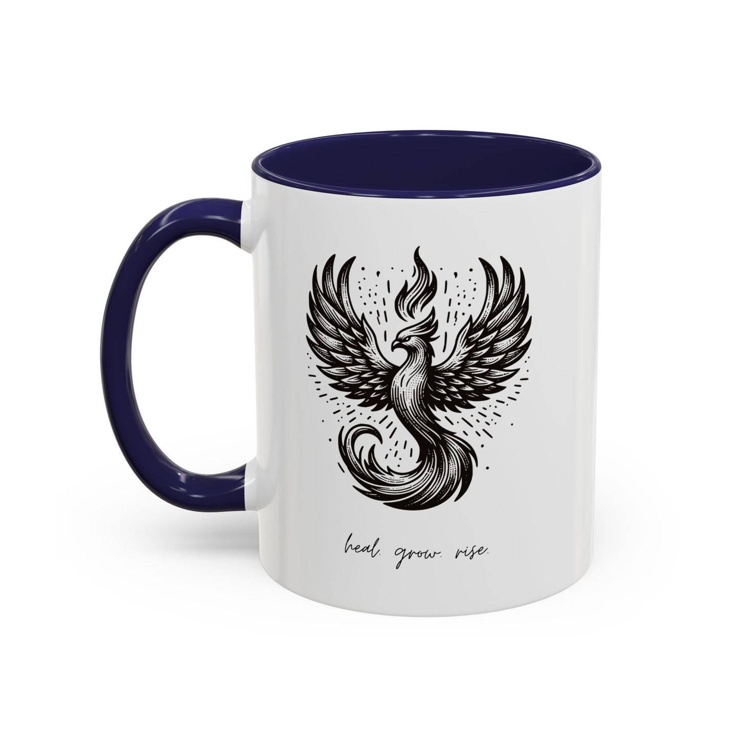 "Heal. Grow. Rise" Black Accent Coffee Mug with Phoenix Design — 11/15oz