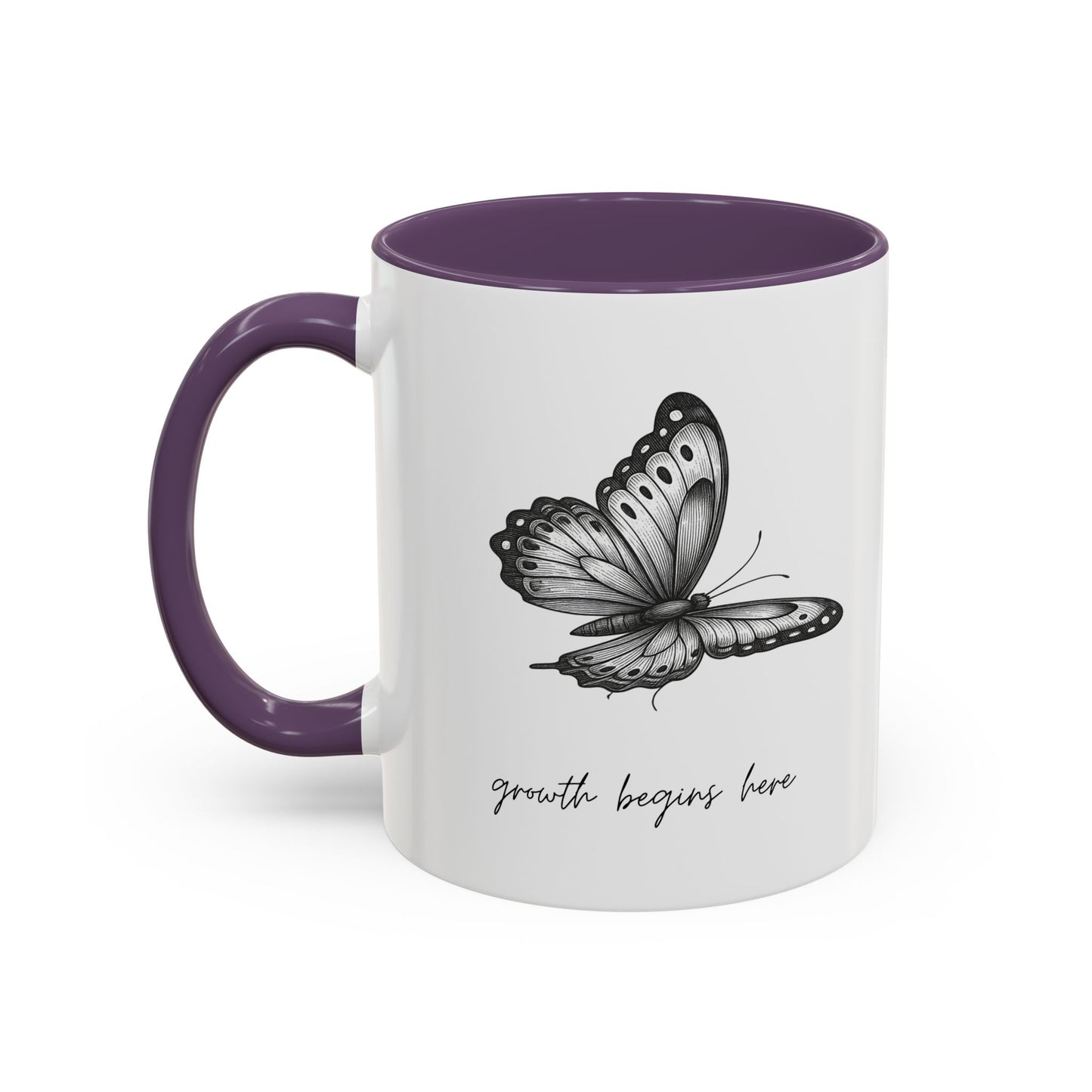 "Growth Begins Here" Coffee Mug — Butterfly Accent Ceramic 11/15oz, Minimal Nature-Inspired Gift