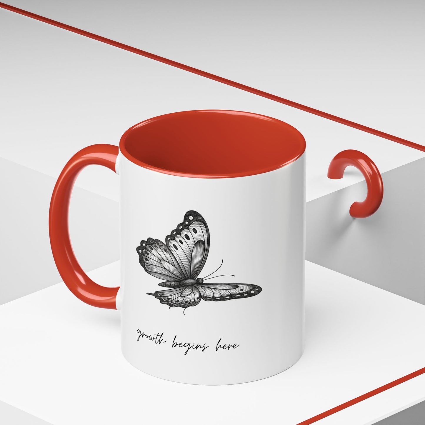 "Growth Begins Here" Coffee Mug — Butterfly Accent Ceramic 11/15oz, Minimal Nature-Inspired Gift
