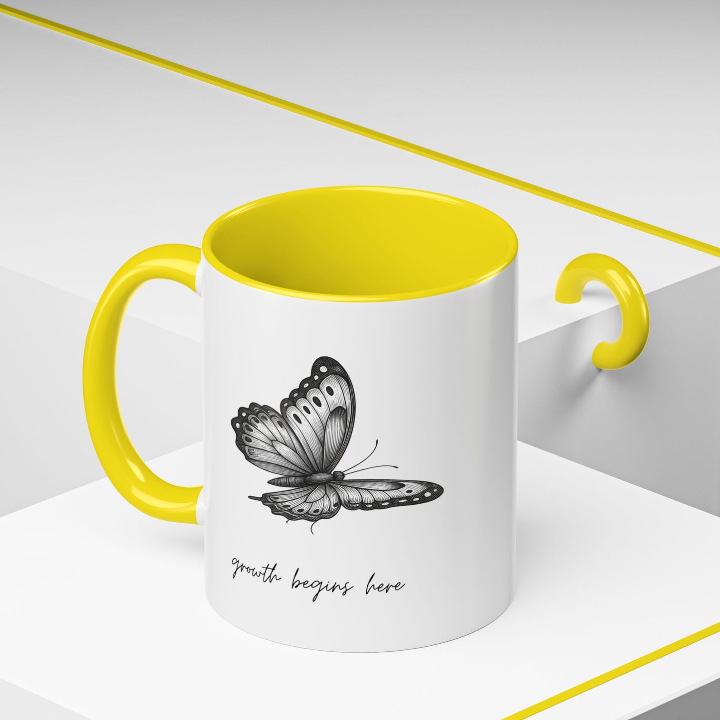 "Growth Begins Here" Coffee Mug — Butterfly Accent Ceramic 11/15oz, Minimal Nature-Inspired Gift