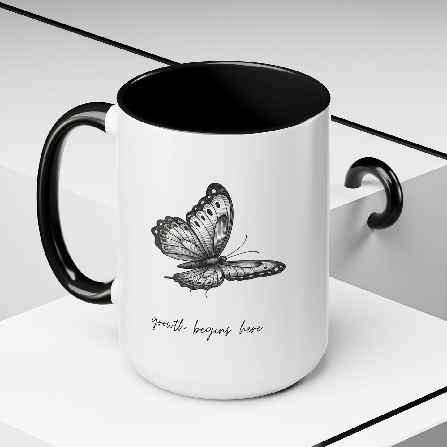 "Growth Begins Here" Coffee Mug — Butterfly Accent Ceramic 11/15oz, Minimal Nature-Inspired Gift
