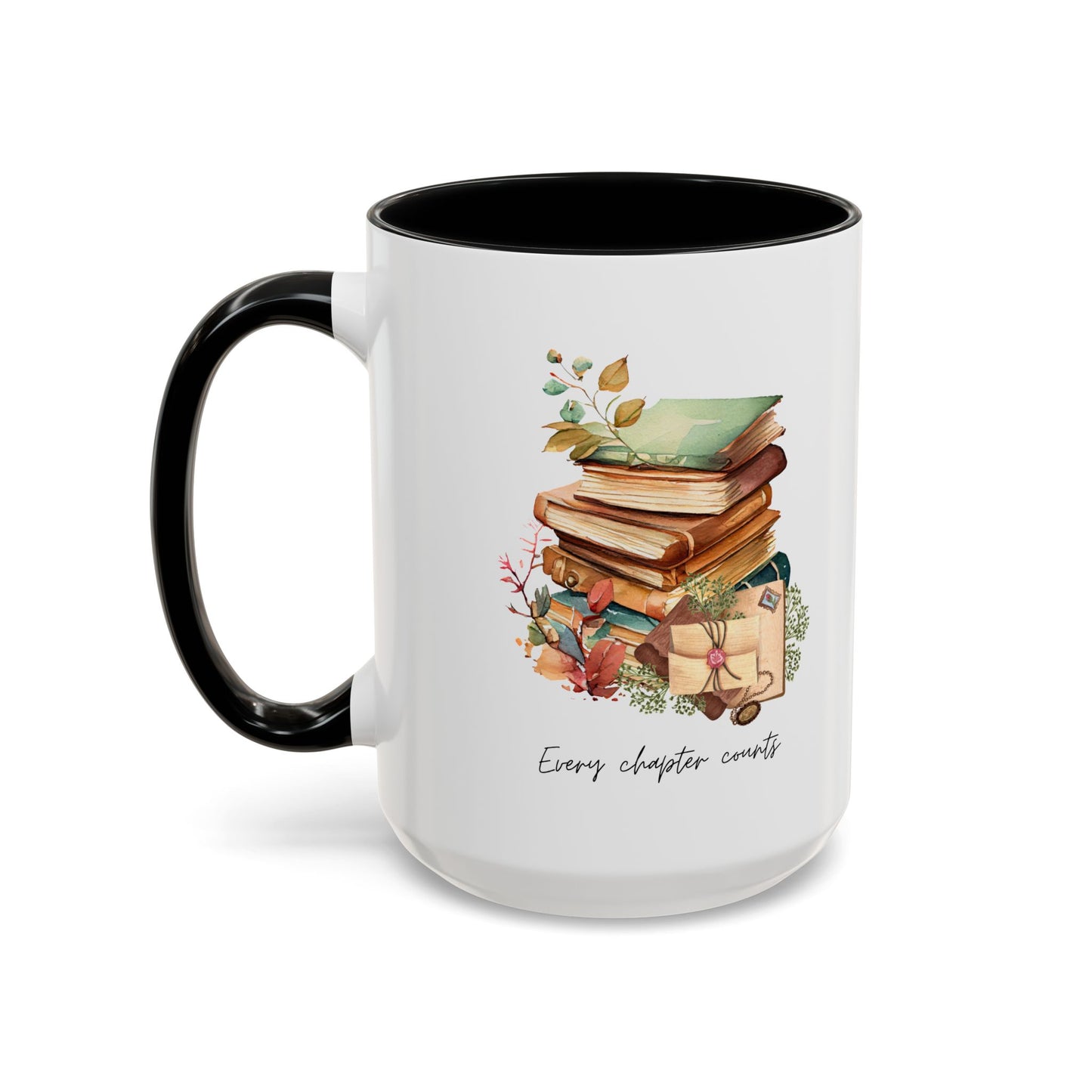"Every Chapter Counts" Coffee Mug - Botanical Accent Black Interior & Handle