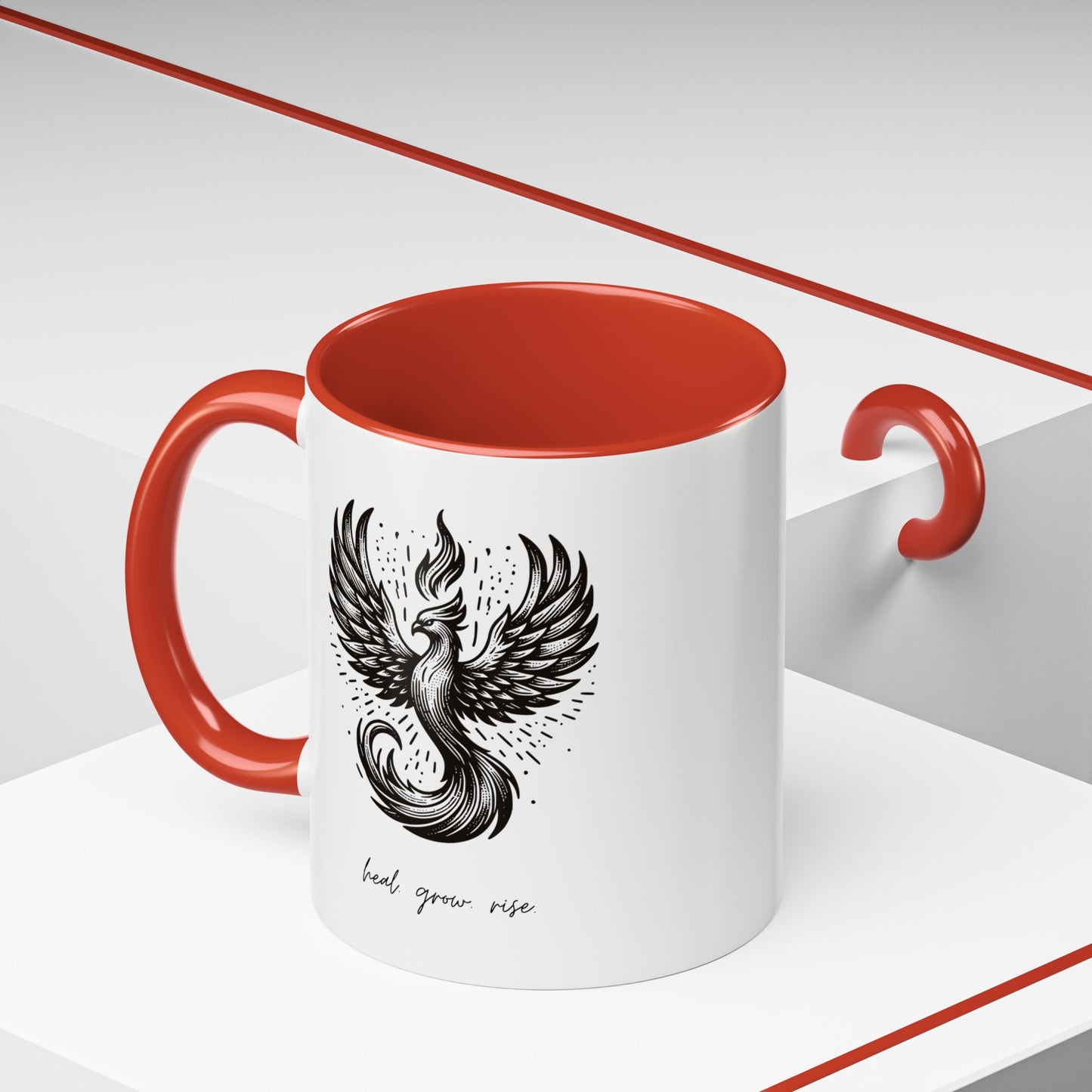 "Heal. Grow. Rise" Black Accent Coffee Mug with Phoenix Design — 11/15oz