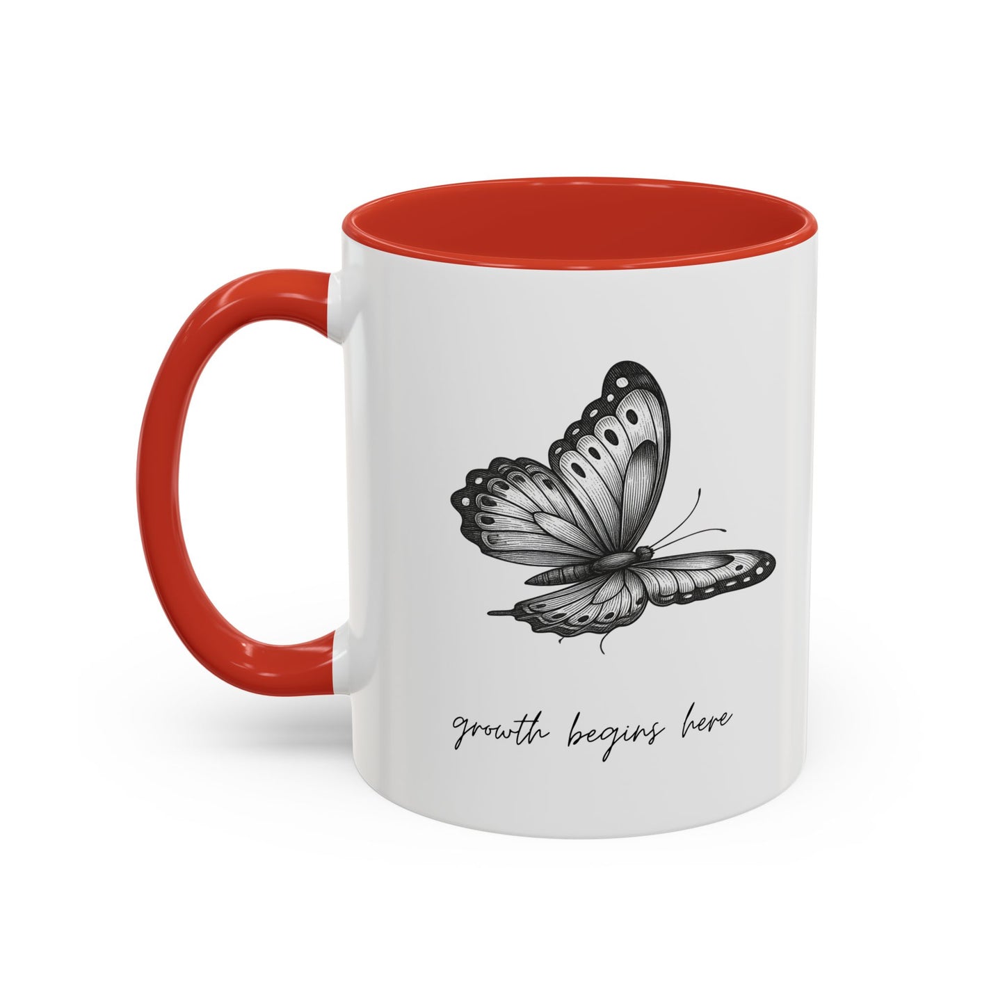 "Growth Begins Here" Coffee Mug — Butterfly Accent Ceramic 11/15oz, Minimal Nature-Inspired Gift