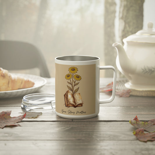 Cozy Booklover 10oz Insulated Coffee Mug — Vintage Stacked Books & Floral Design