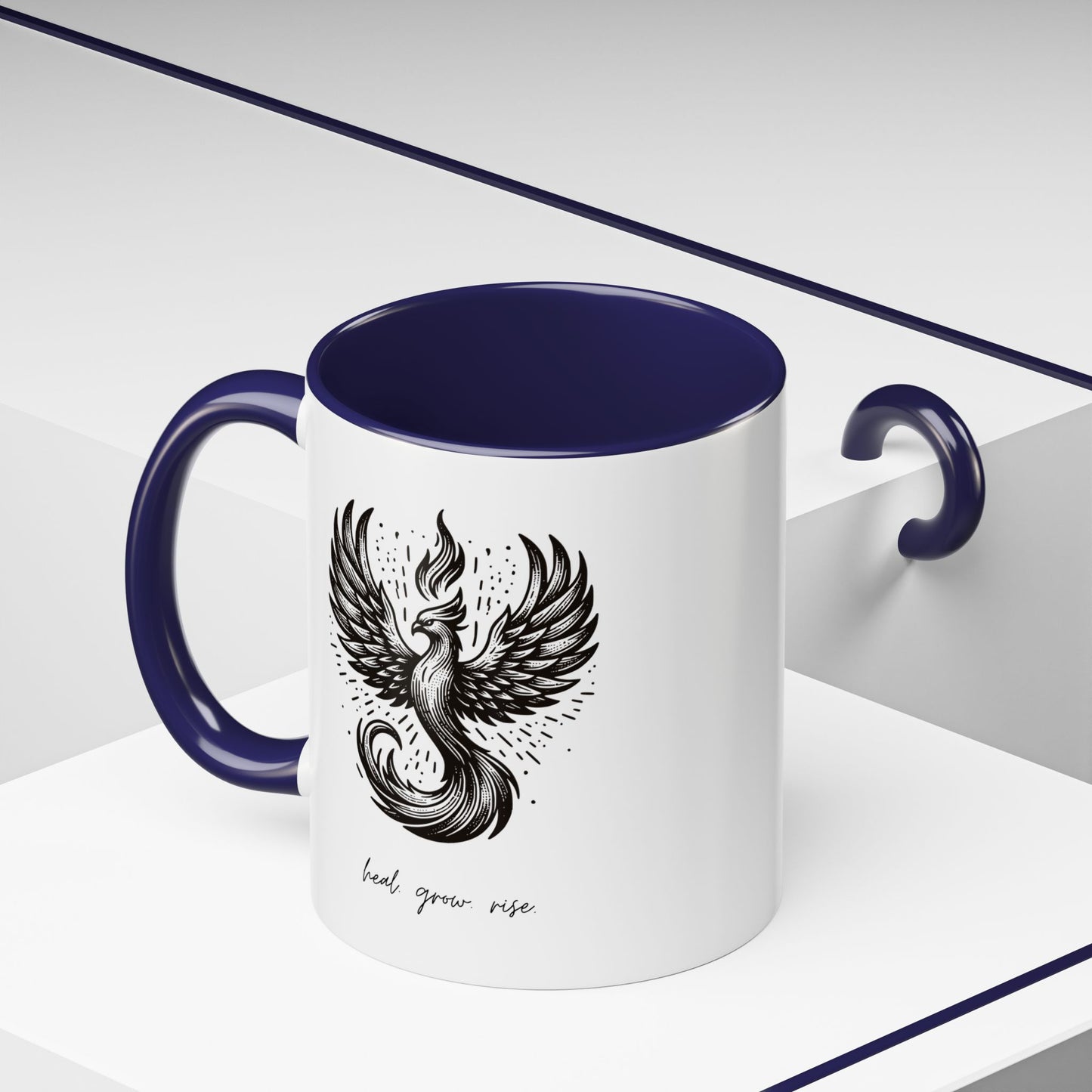 "Heal. Grow. Rise" Black Accent Coffee Mug with Phoenix Design — 11/15oz