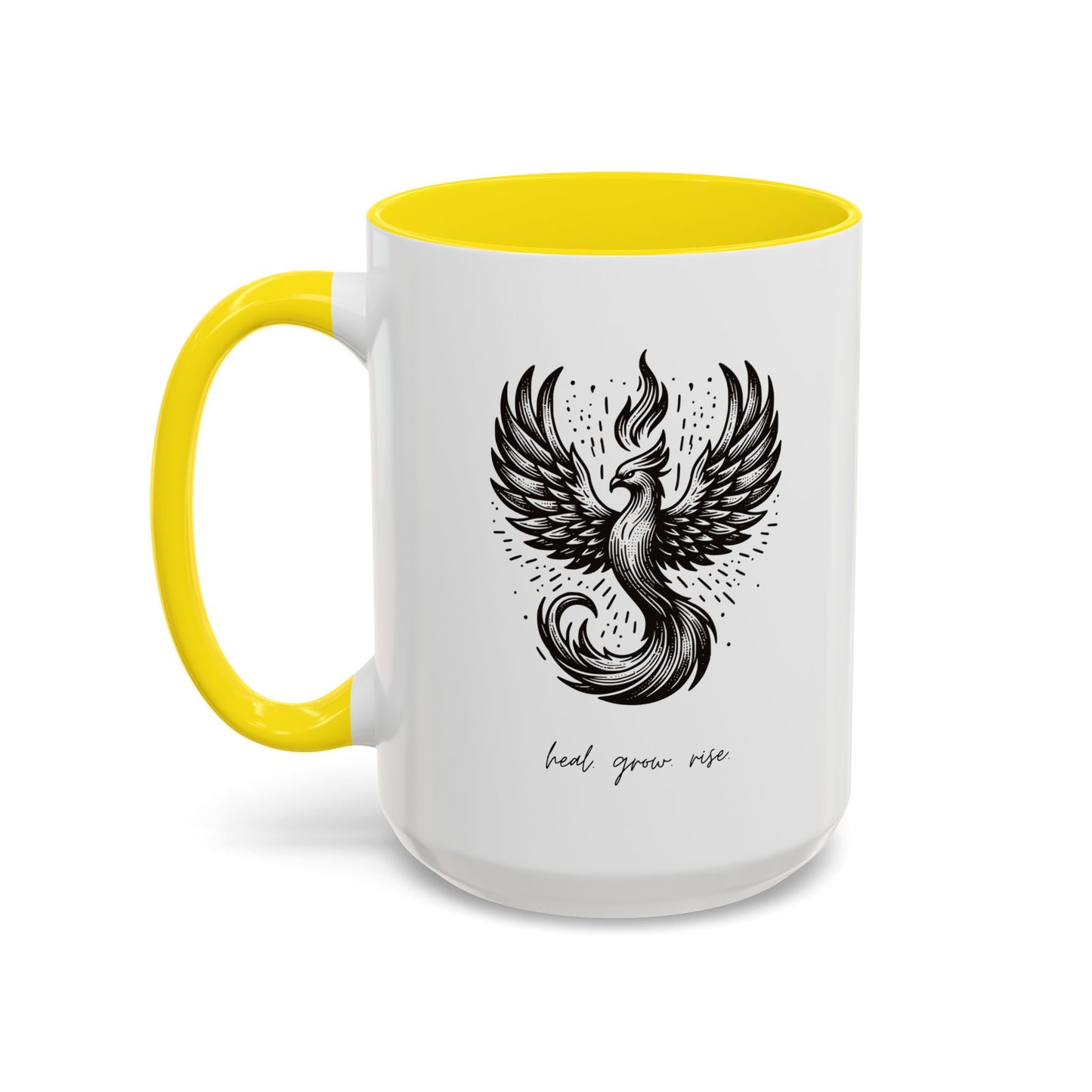 "Heal. Grow. Rise" Black Accent Coffee Mug with Phoenix Design — 11/15oz
