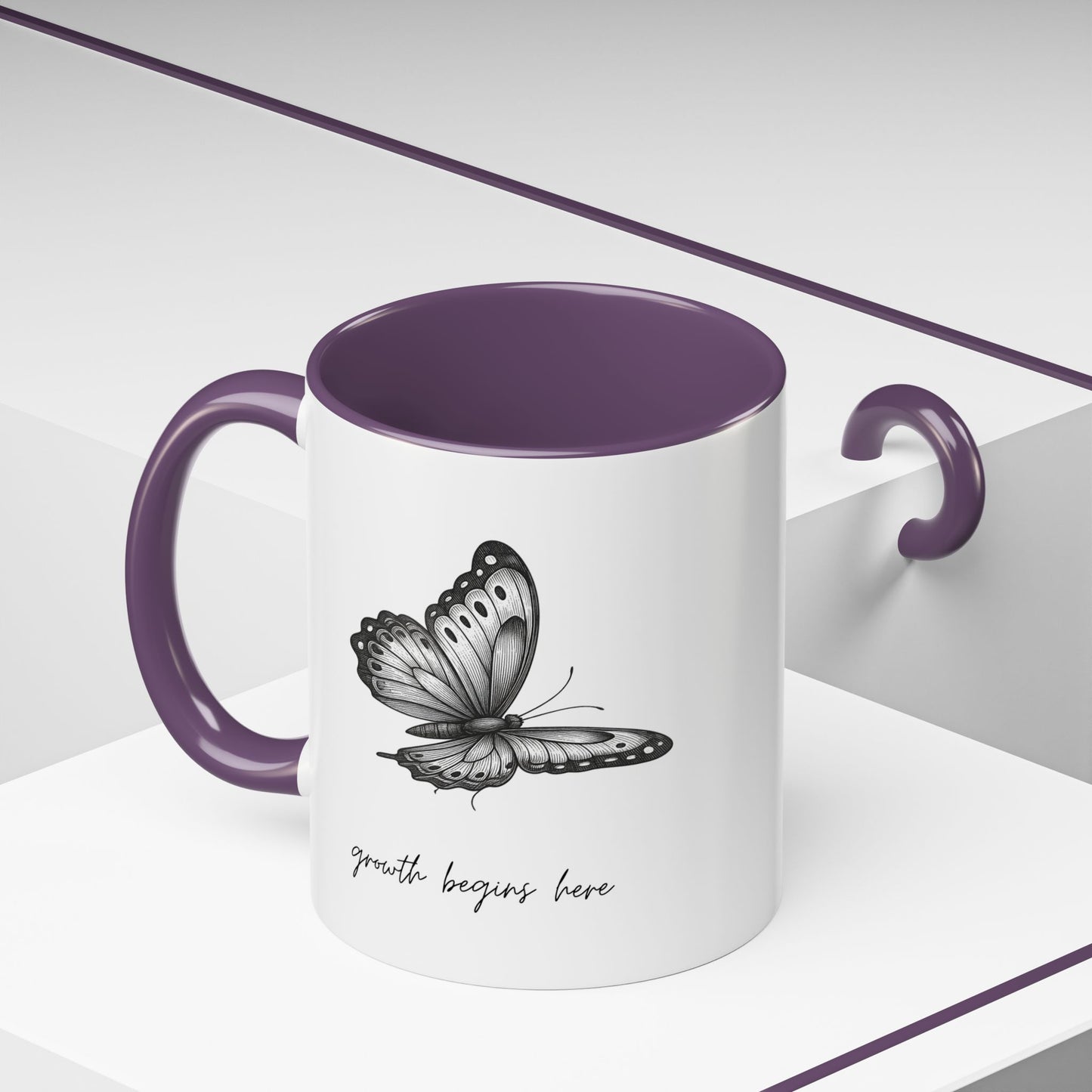 "Growth Begins Here" Coffee Mug — Butterfly Accent Ceramic 11/15oz, Minimal Nature-Inspired Gift