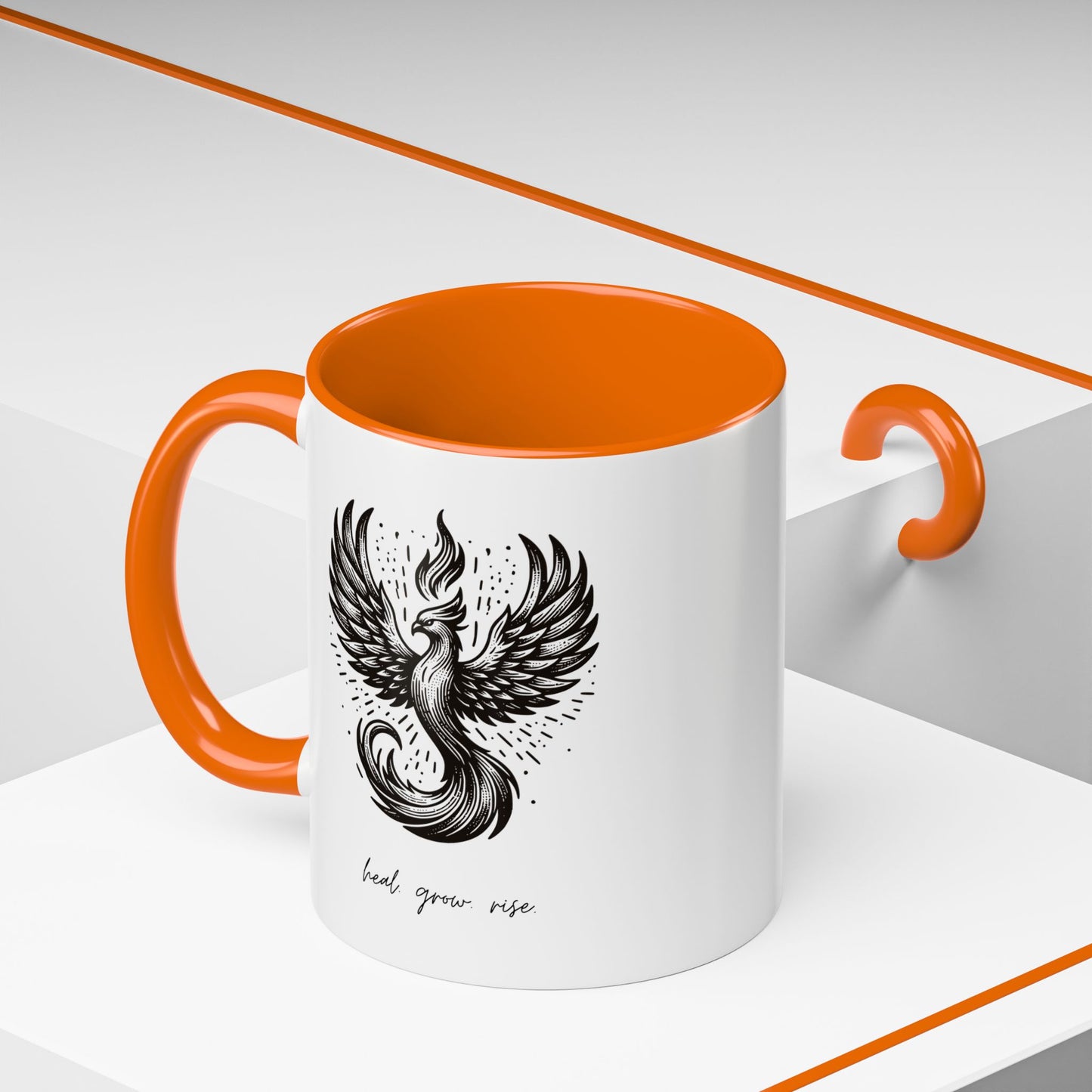 "Heal. Grow. Rise" Black Accent Coffee Mug with Phoenix Design — 11/15oz