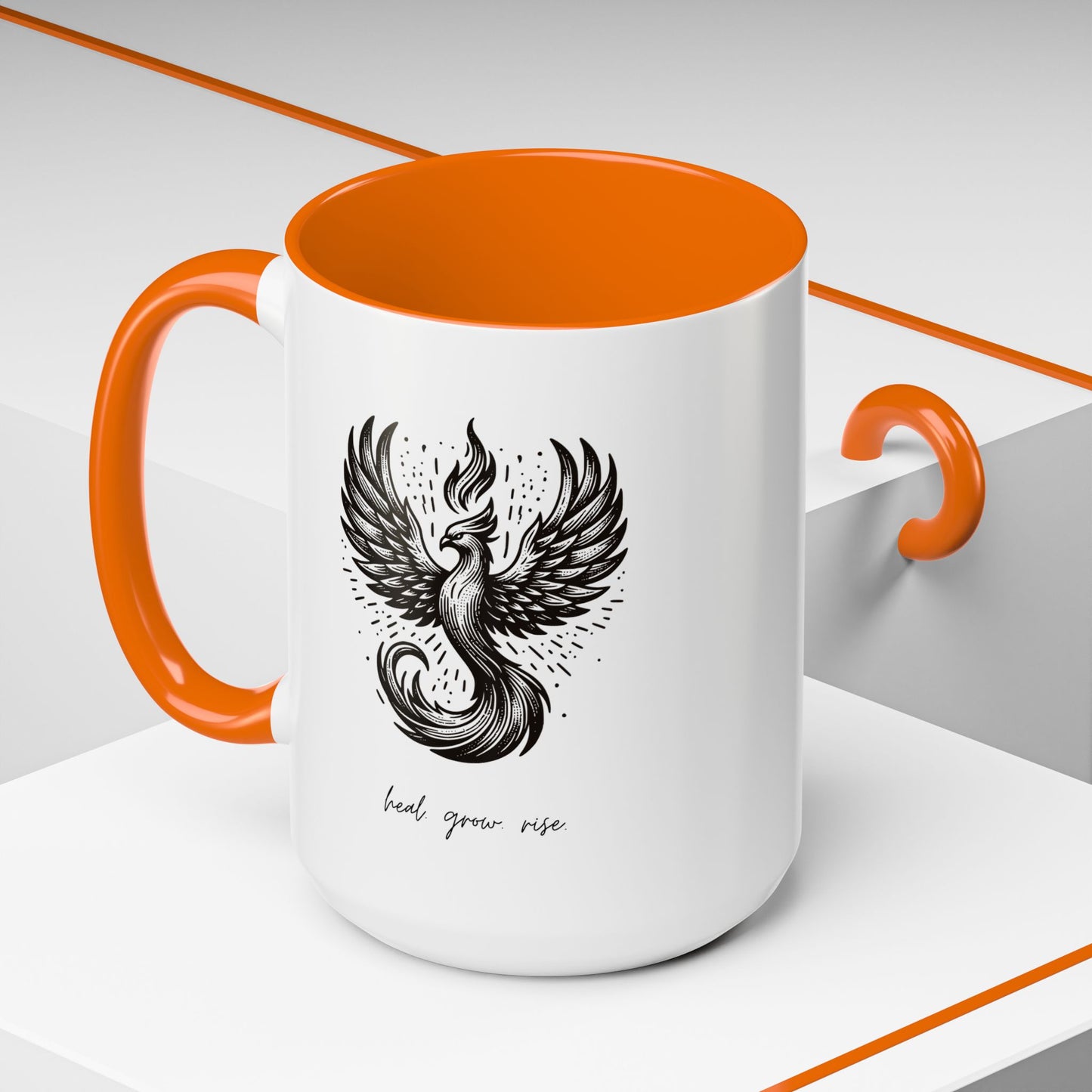 "Heal. Grow. Rise" Black Accent Coffee Mug with Phoenix Design — 11/15oz