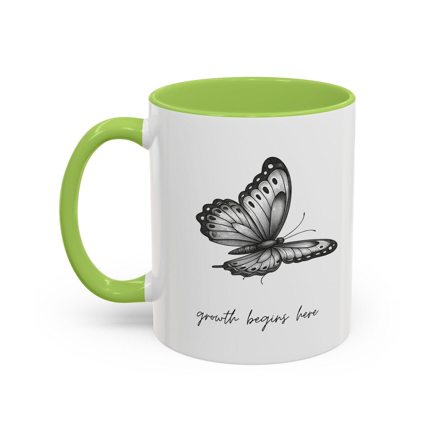 "Growth Begins Here" Coffee Mug — Butterfly Accent Ceramic 11/15oz, Minimal Nature-Inspired Gift